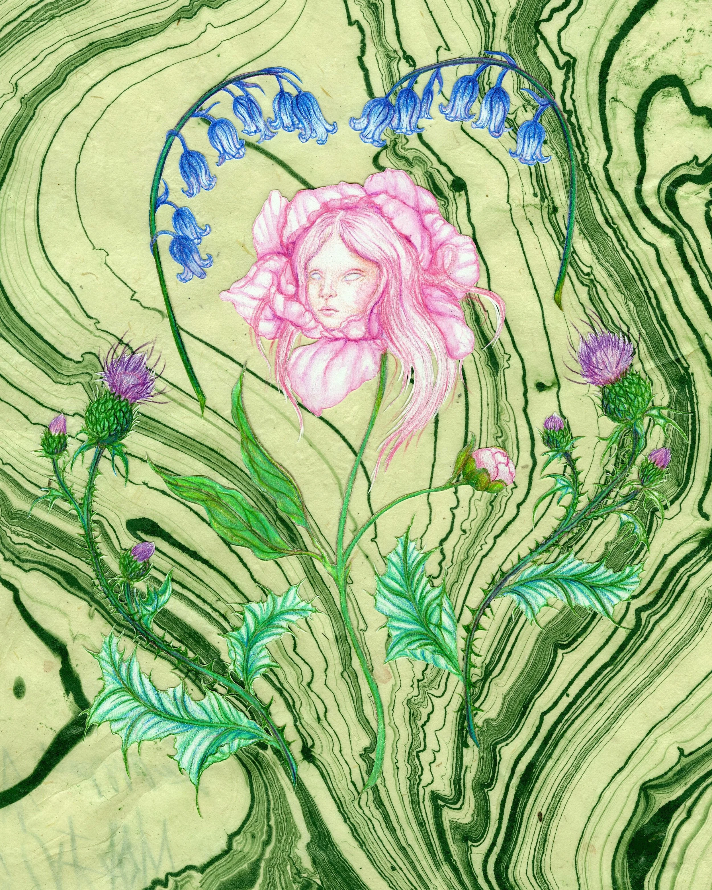 A surreal illustration featuring a pink-haired girl with a flower-like head, surrounded by blue bells and thistles set among swirling green marbled paper