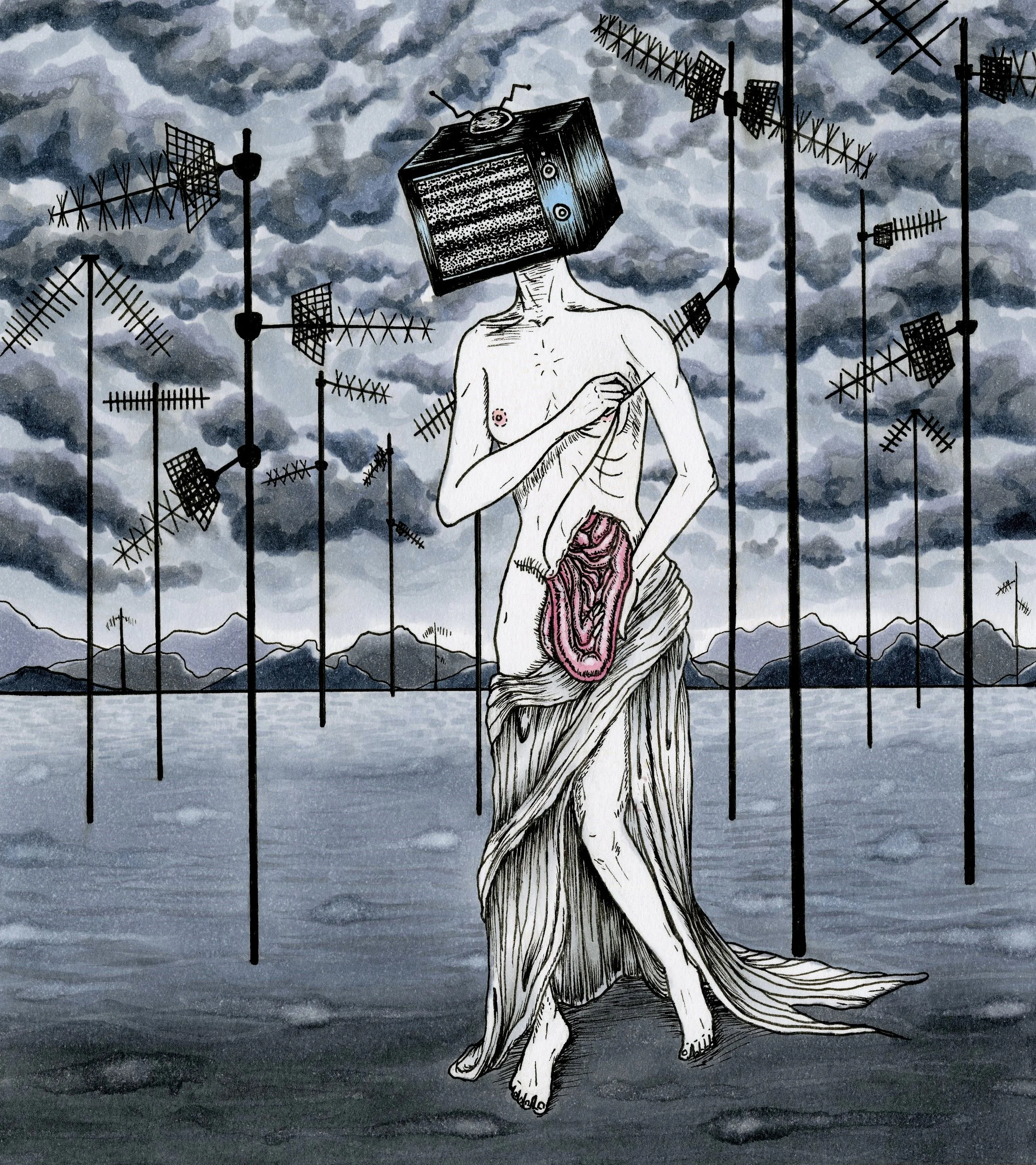 A surreal illustration of a humanoid figure with a vintage radio for a head, standing shirtless in front of a landscape of mountains and body of water, surrounded by TV antennas. The figure holds a sewing needle as they sew organs into their body