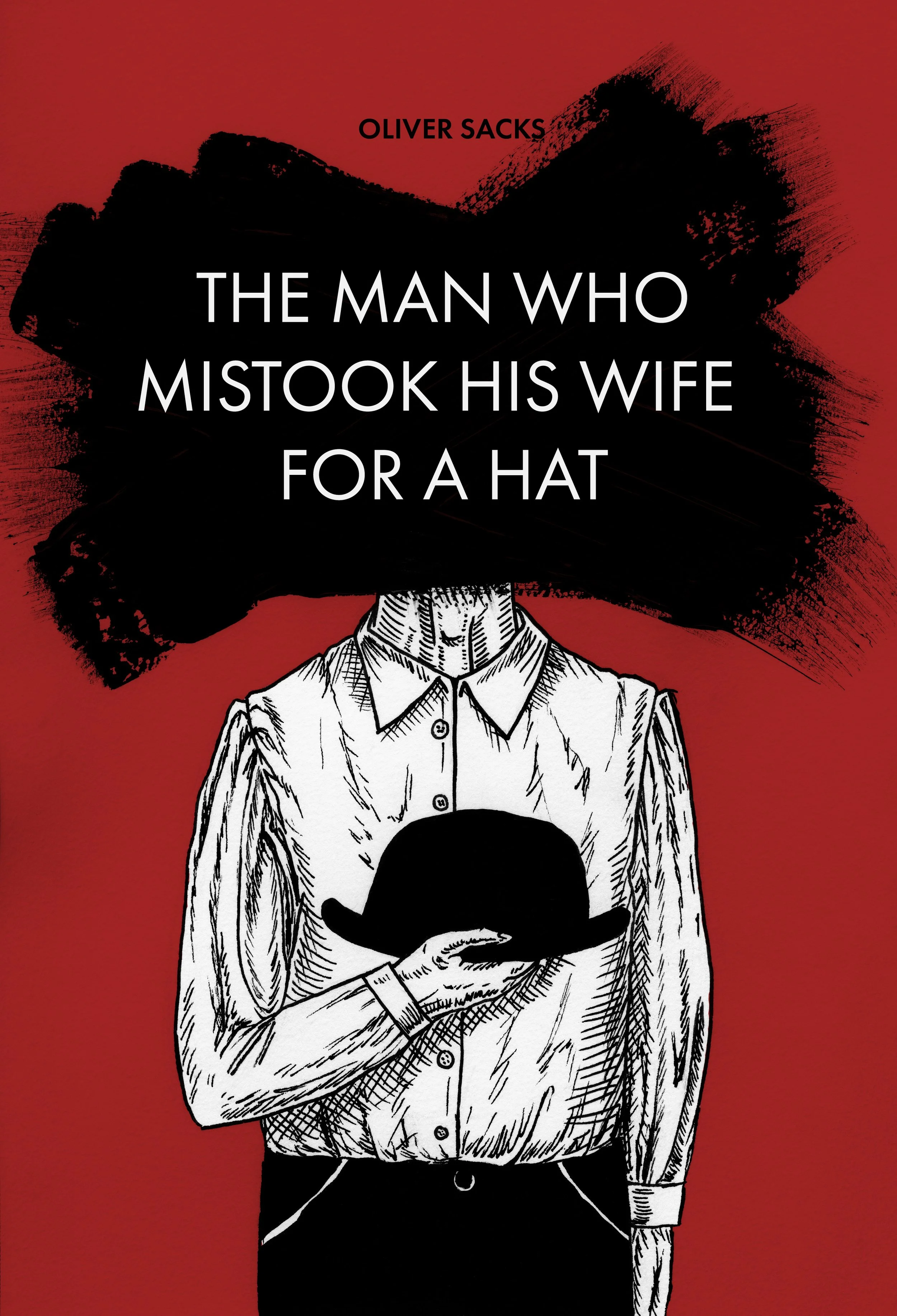 Book cover with abstract red background, featuring an illustration of a woman holding a hat, and text reading 'The Man Who Mistook His Wife for a Hat' by Oliver Sacks