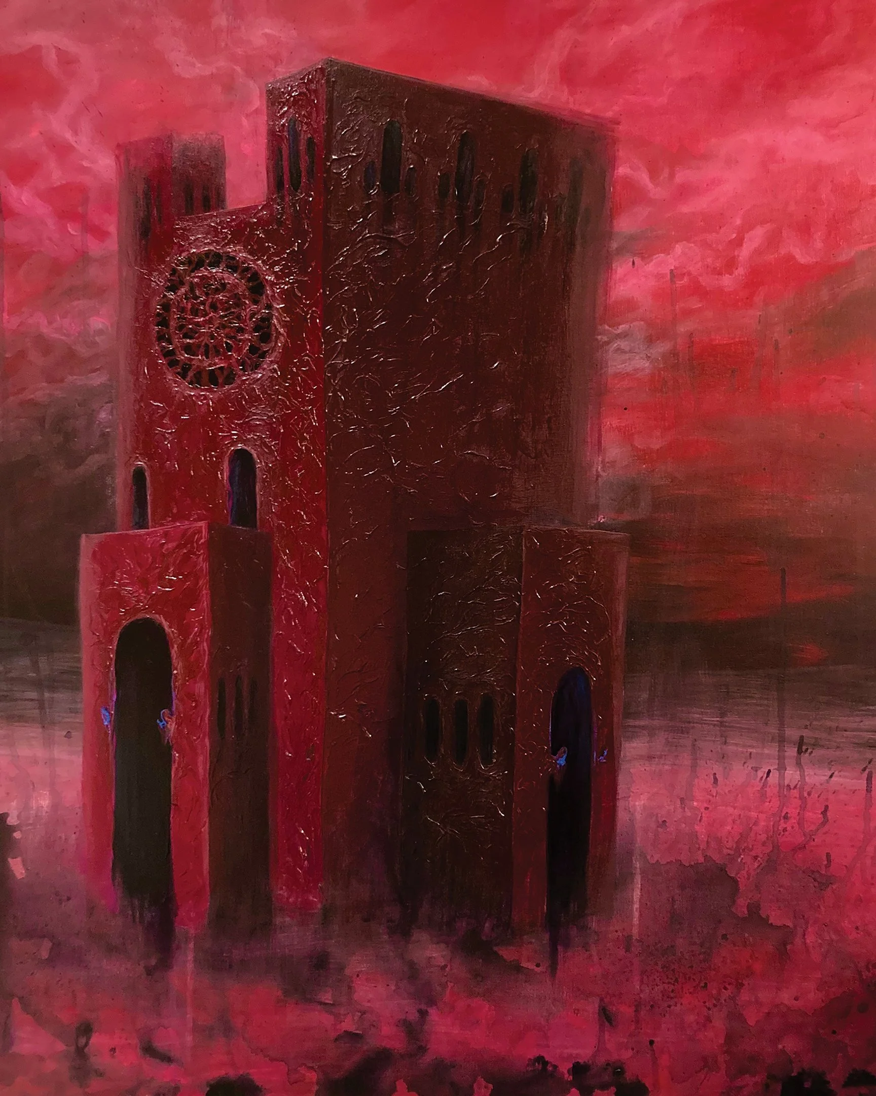 Painting of a large, dark red Gothic-style church or cathedral with pointed arches and a circular rose window, set against a stormy red sky.