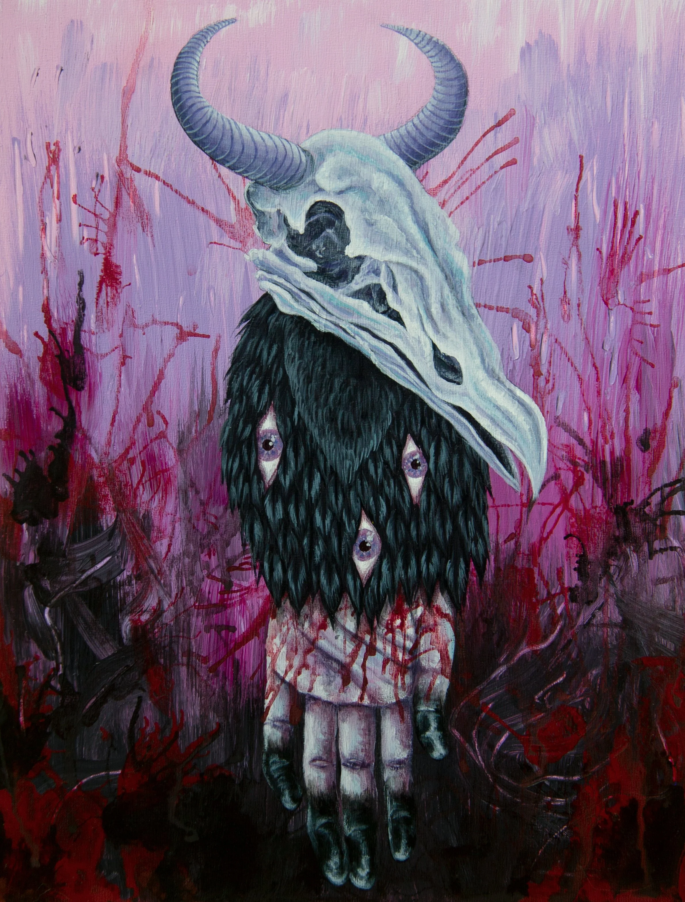 A painting of a creature with a skull of a crow for its head, large curved horns, black body with multiple eyes, set against a purple background with red bleeding streaks.