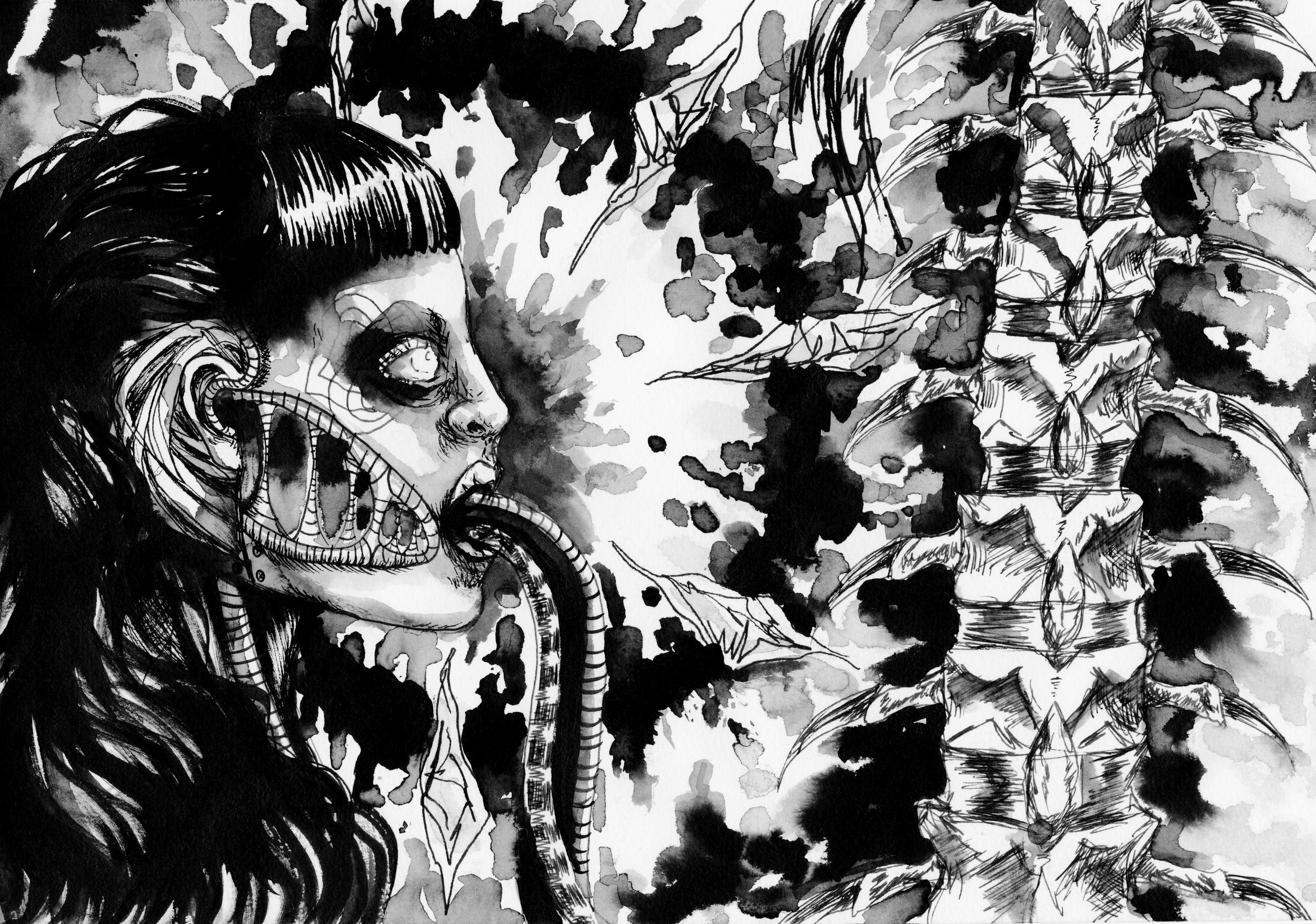 Black and white ink illustration of a person with tubes and cables coming out of their mouth. A jagged spine is located on the right side of the piece, surrounded by abstract ink splatters.