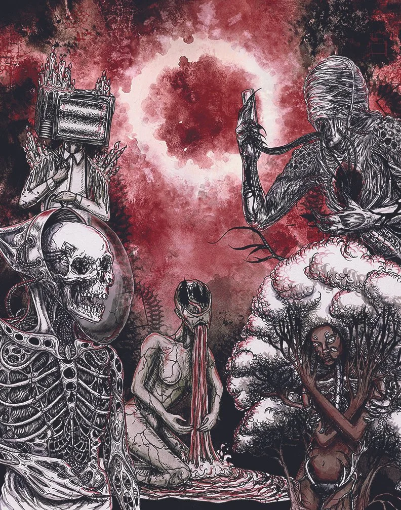Dark, surreal artwork featuring distorted, grotesque figures including a skeleton with a transparent skull, a figure with a television head and fire on top, a person with a long tongue, a mysterious woman with tree-like hair, and a figure with bandag