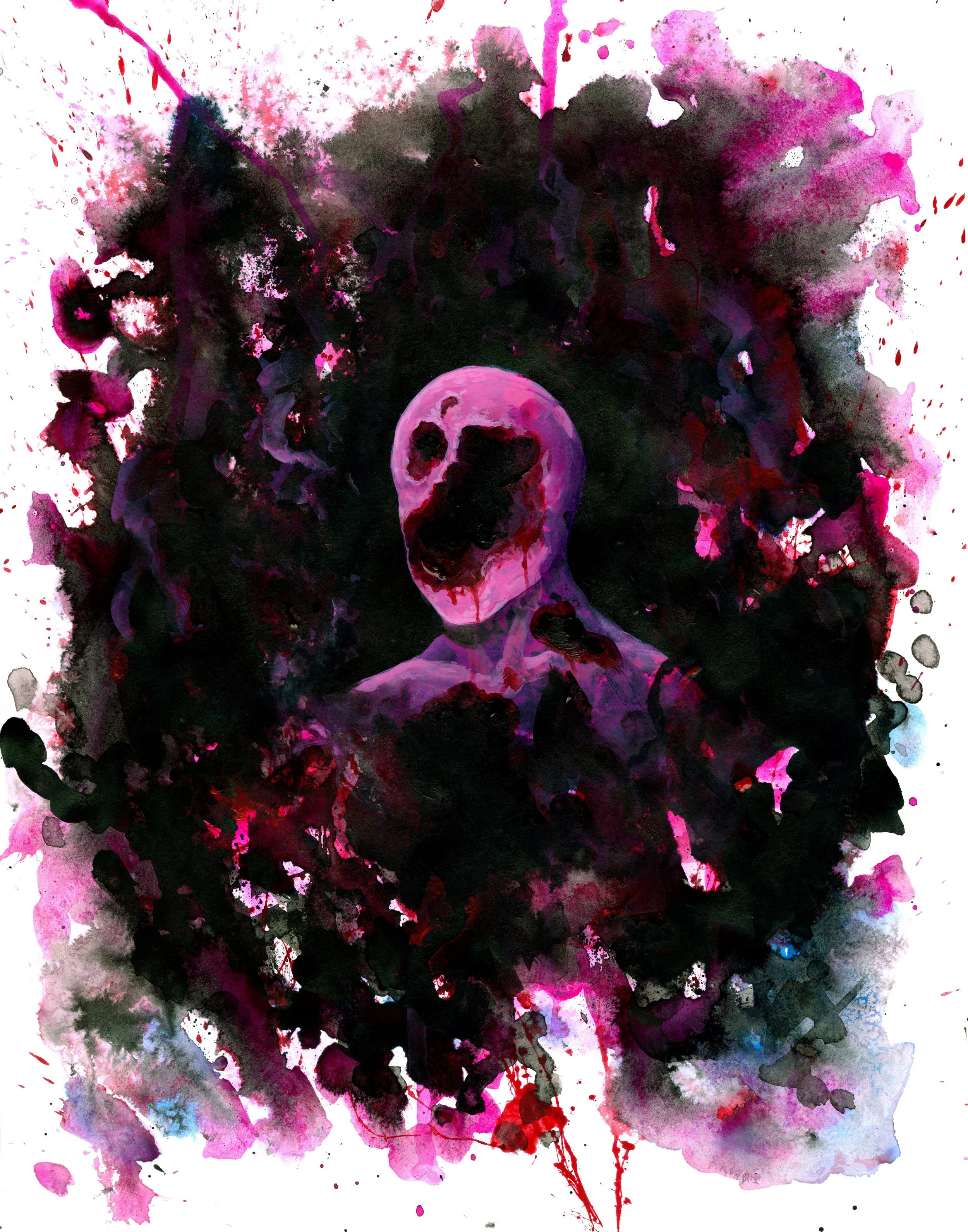 Abstract watercolor artwork featuring a pink skull in the center, with splashes of black, pink, red, purple, and blue spread around, creating a dark and vibrant composition.