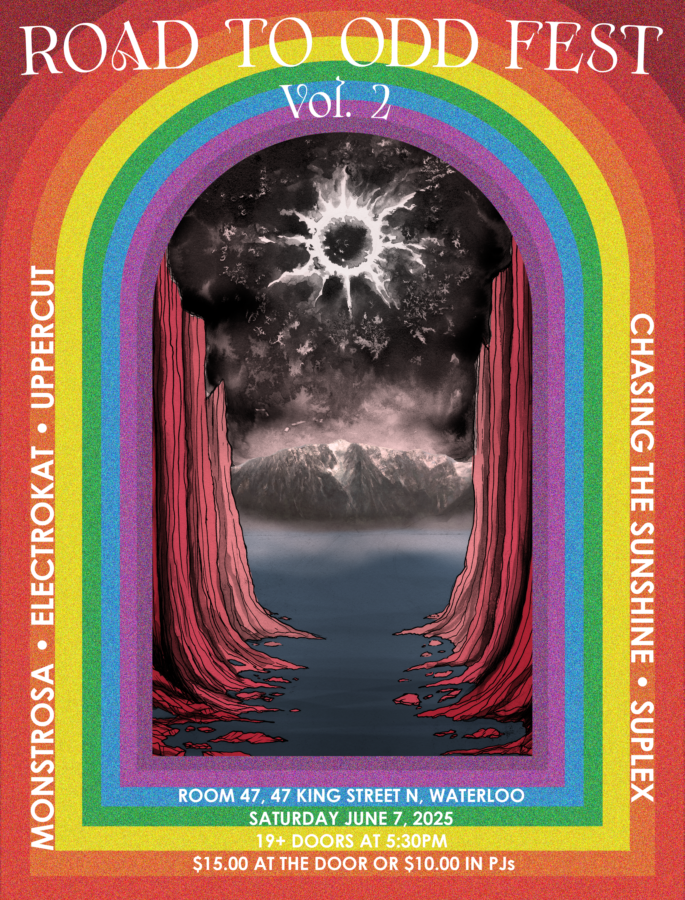 A poster for the Road to Odd Fest, Volume 2, featuring a black and white mountain landscape with a mysterious starburst or explosion in the sky. The poster has a rainbow-colored border with event details including date, time, location, age restrictio