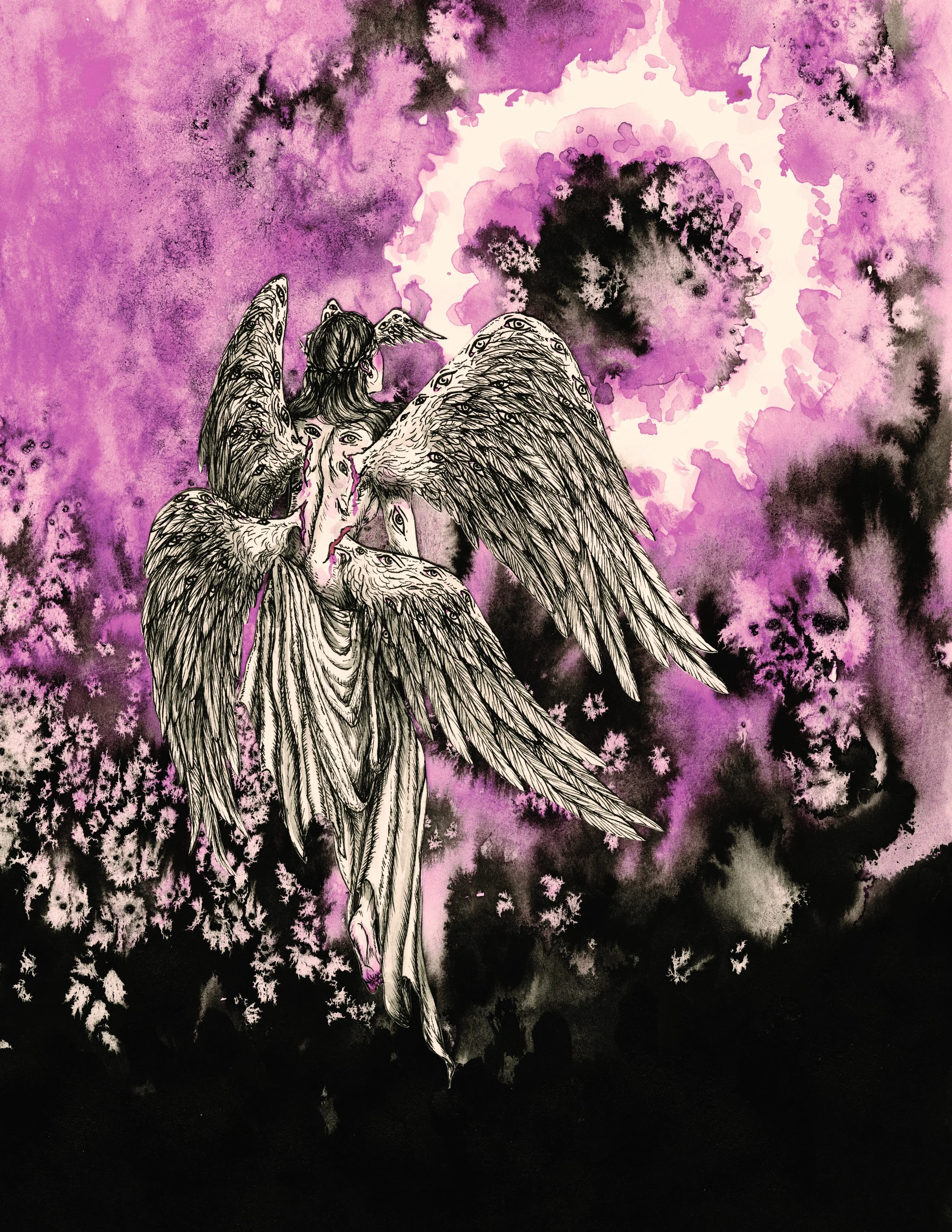 A black and white illustration of a figure with wings, floating against a vibrant background of purple, pink, and black watercolor with star-like shapes and cloudy patterns.