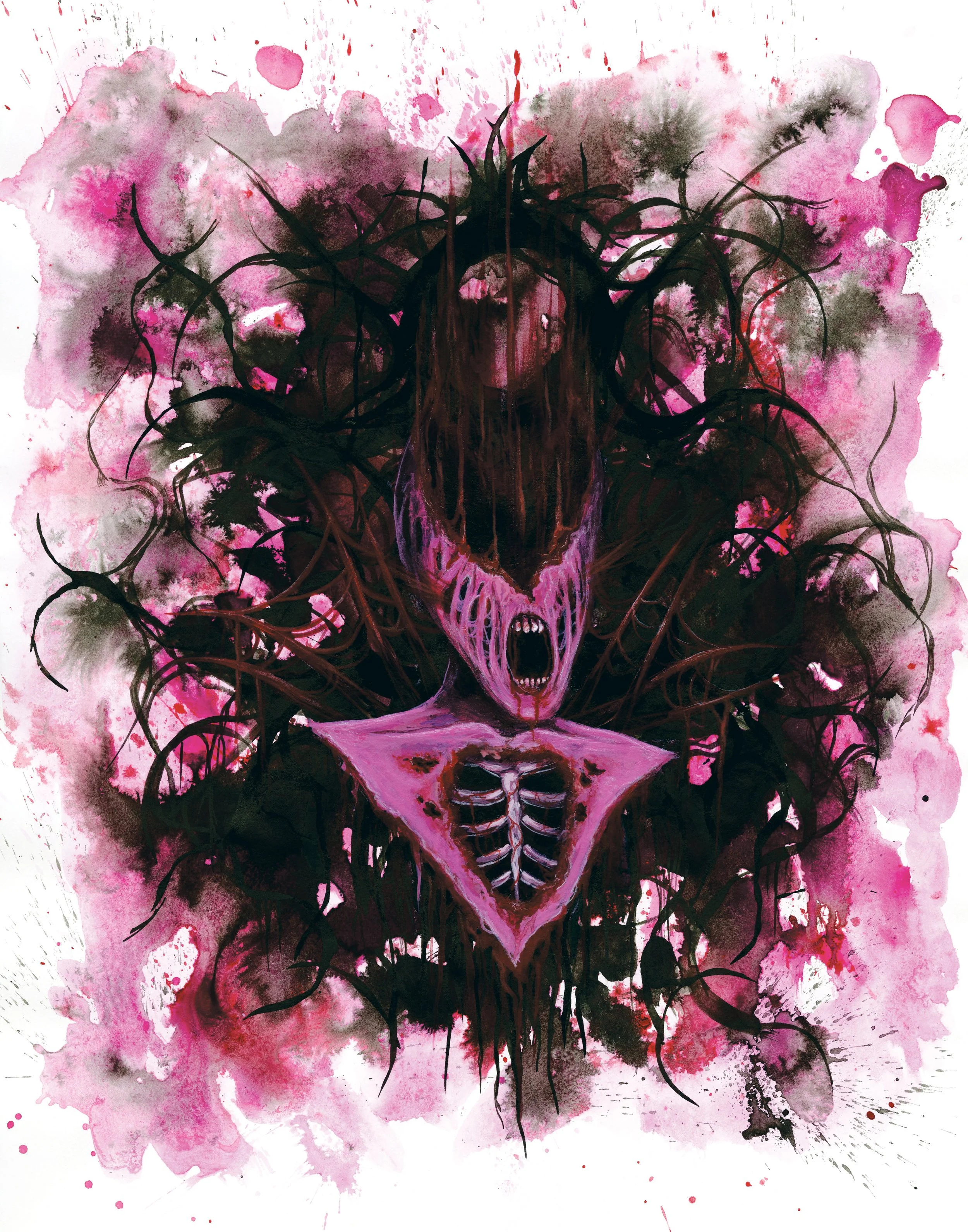 A dark, surreal painting of a humanoid figure with long flowing hair, an open mouth, and skeletal elements visible in the chest. The figure's head is covered by jagged, black tendrils or hair that blend into an abstract background of pink, purple, an