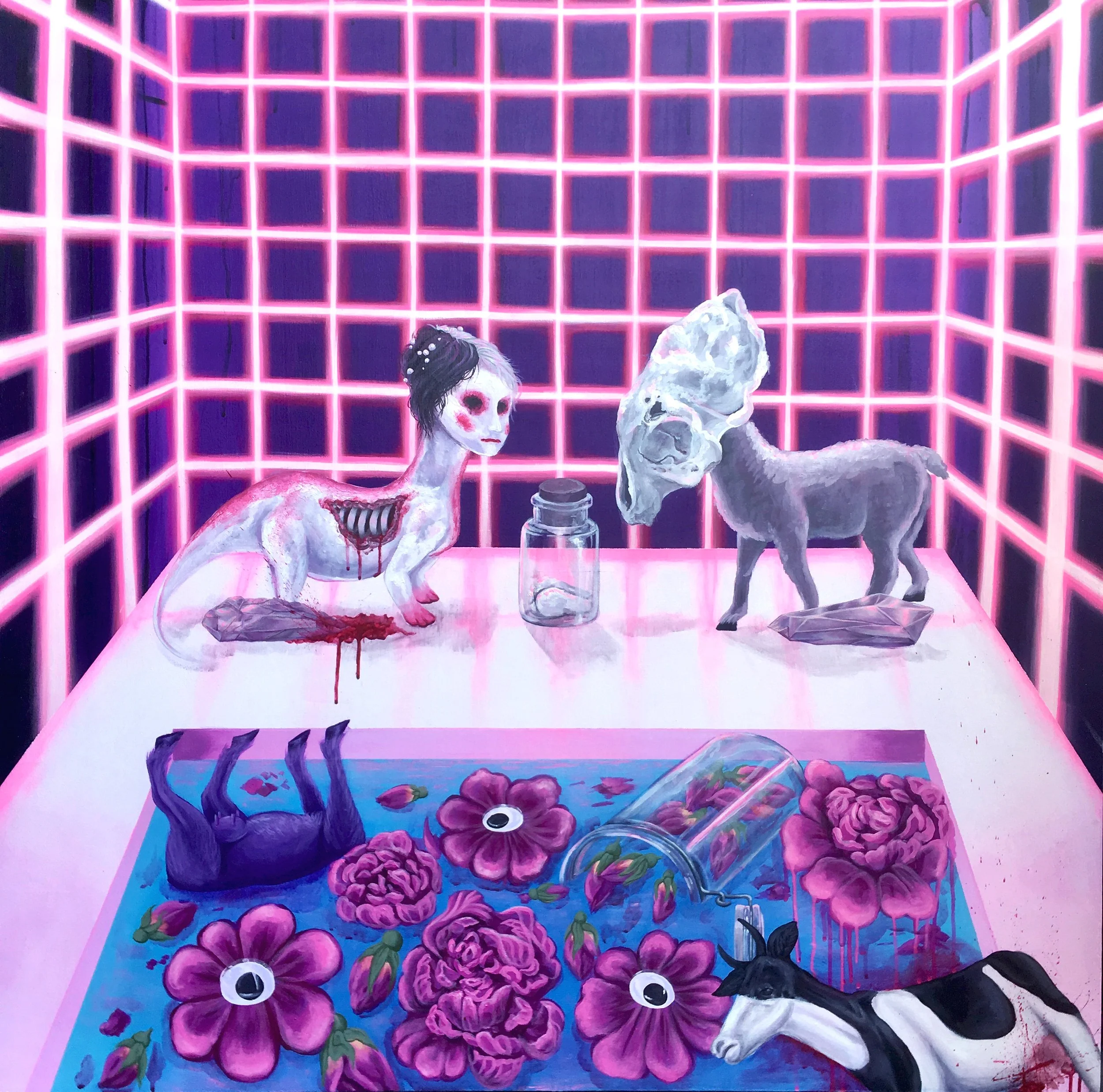 Neon-lit vaporwave room with pink grid walls, featuring a mannequin with a skeleton face mask, a dog with a floral head covering, and large purple flowers on the floor.