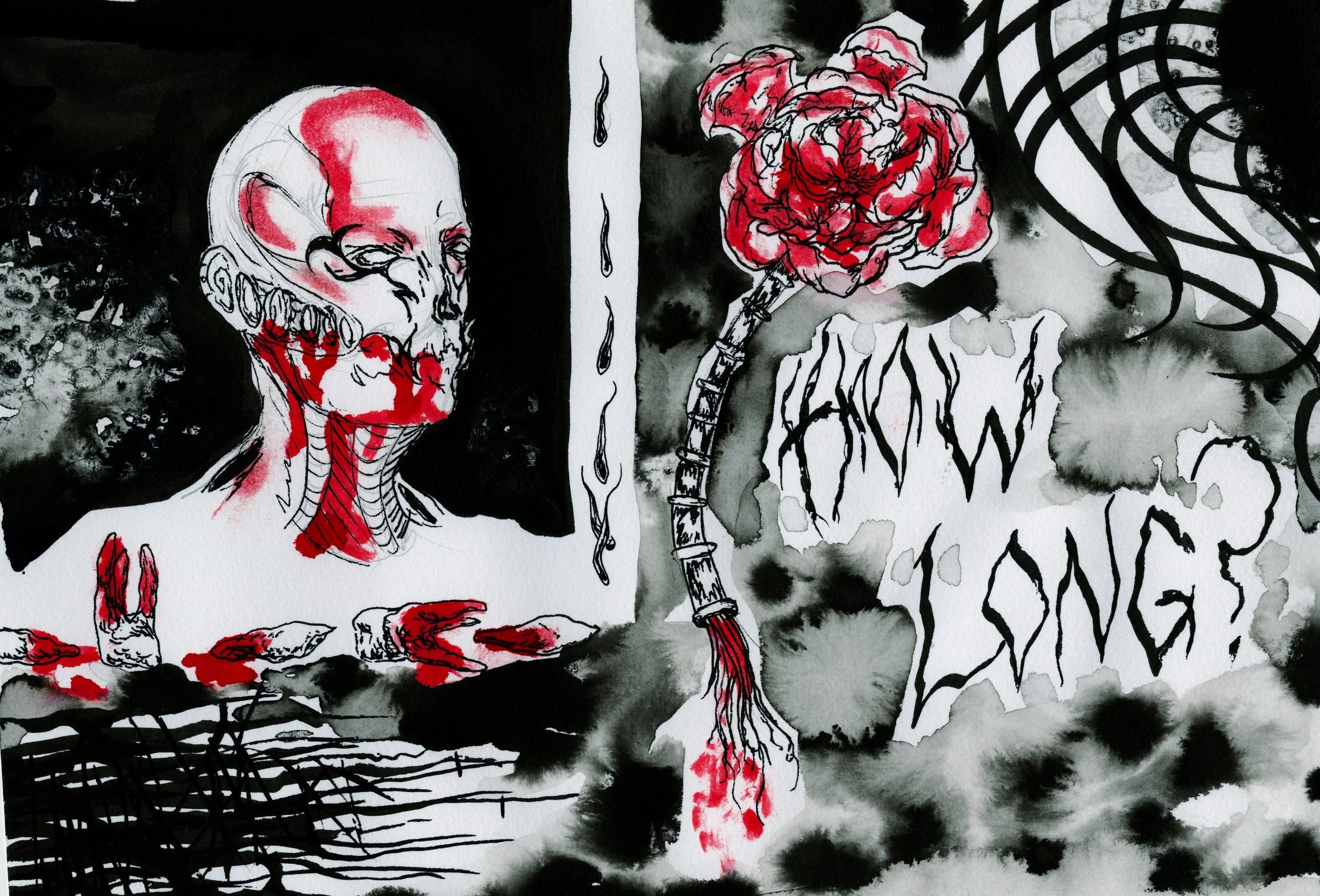 Black and white illustration of a person with blood-stained flowers and teeth and bleeding from the head. There is a large red flower and artistic black lines in the background.