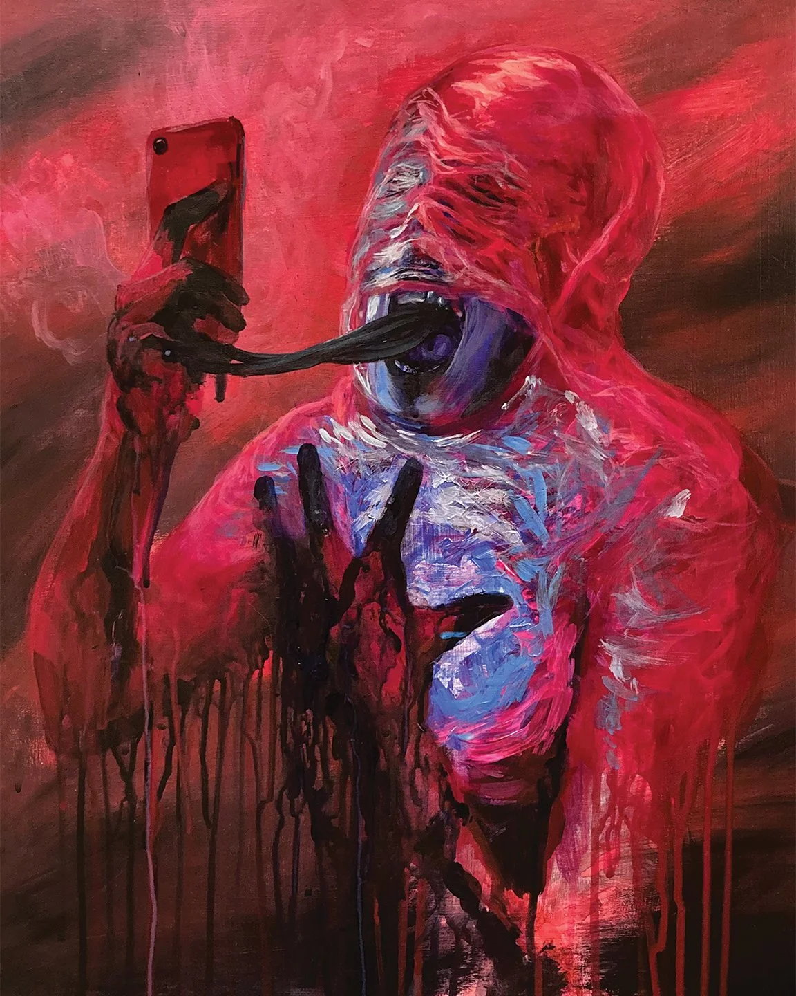 Abstract painting of a distorted human figure in red and blue, holding a smartphone that has a cable entering the figures mouth, with black streaks dripping down.