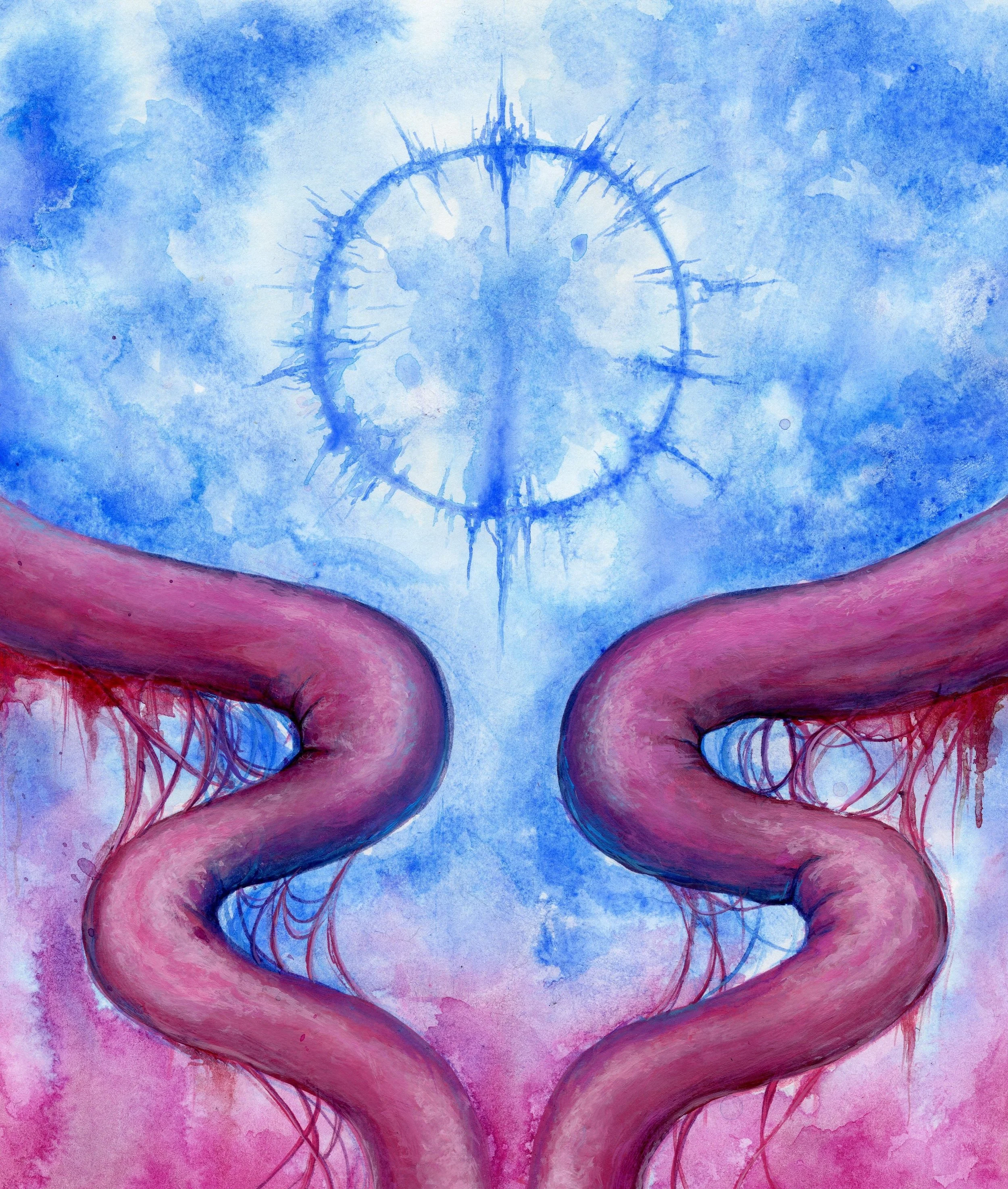 A watercolor painting of a blue circular void, surrounded by pink and purple tentacle-like intestines and red flowing lines.