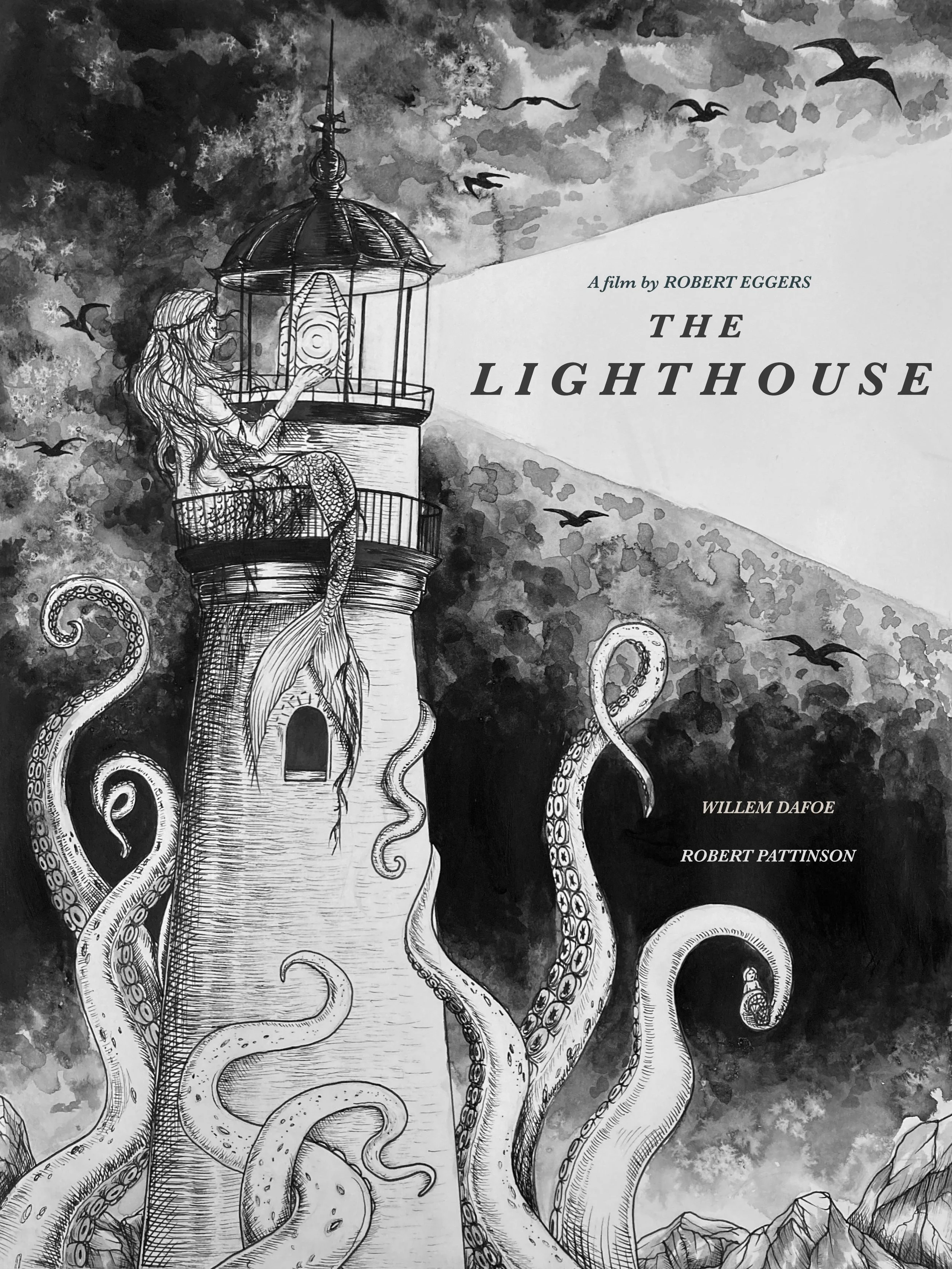 Black and white illustration of a lighthouse with a mermaid sitting on its balcony, surrounded by floating octopus tentacles, flying birds, mountains, and a cloudy sky.