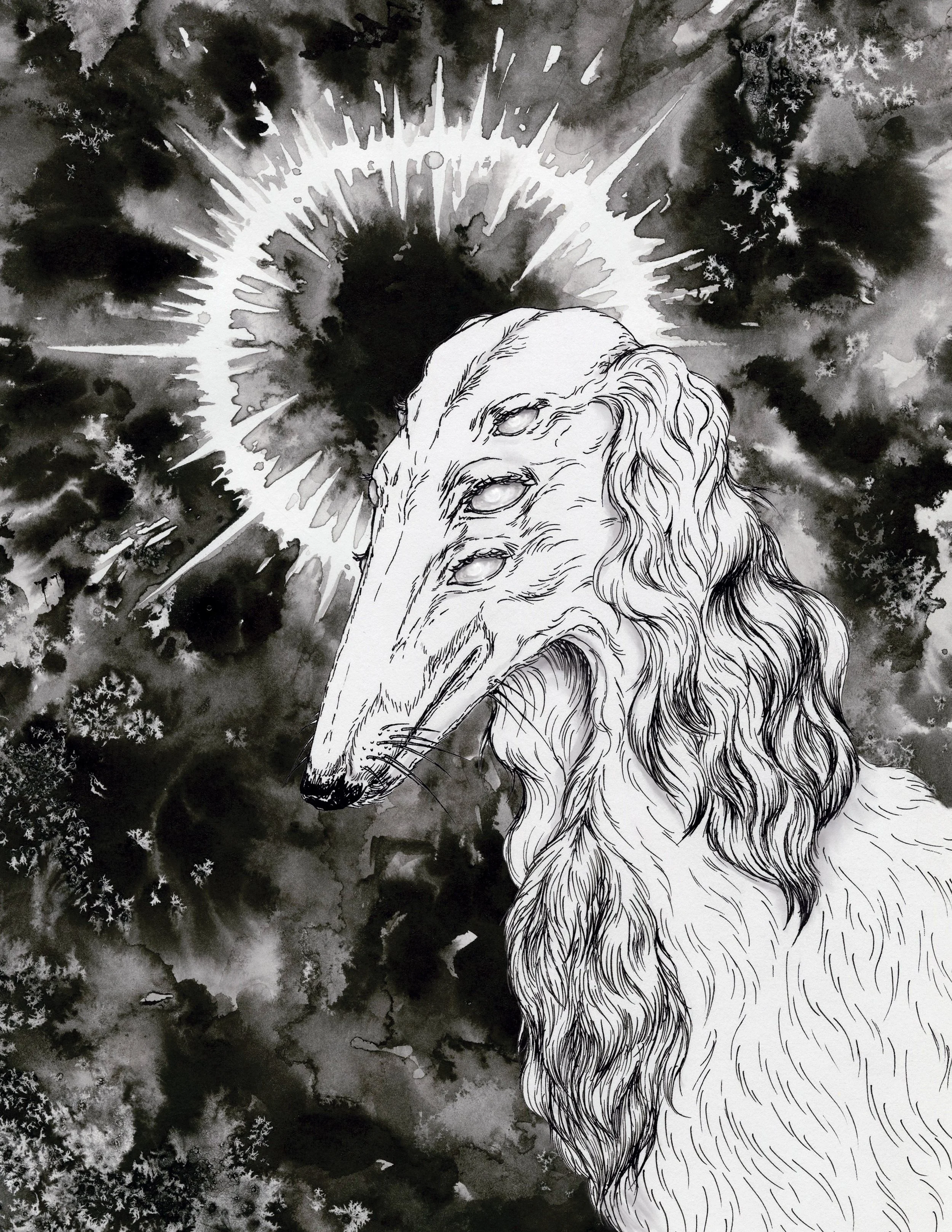 Black and white illustration of a borzoi, set against a stormy, cloudy background with lightning and snowflakes.