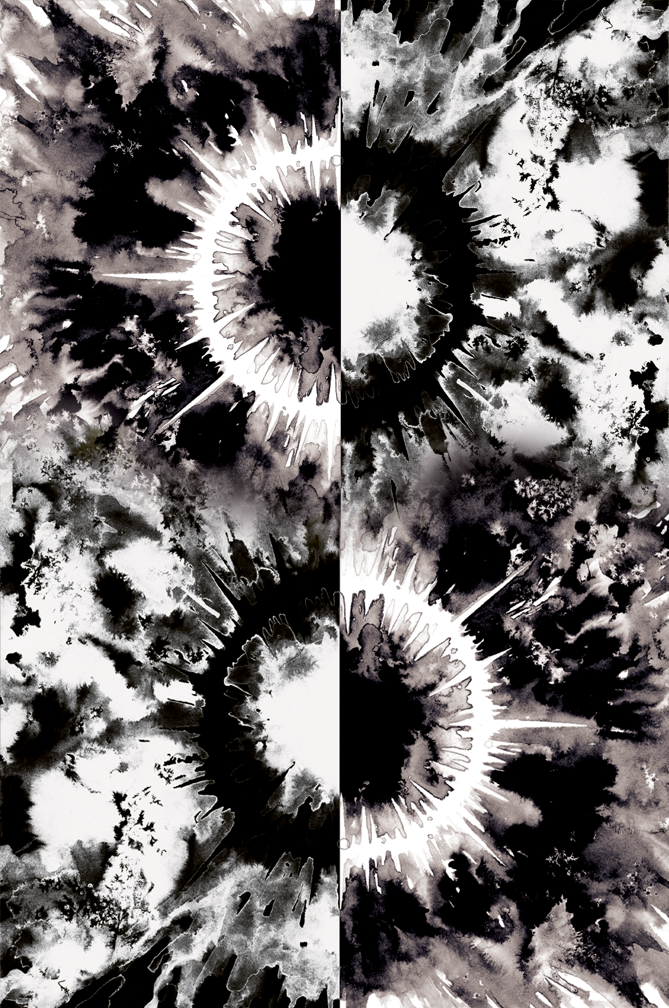 Black and white watercolor painting divided into four sections, each with a burst effect emanating from the center, with varying cloud-like textures, creating an abstract explosion appearance.
