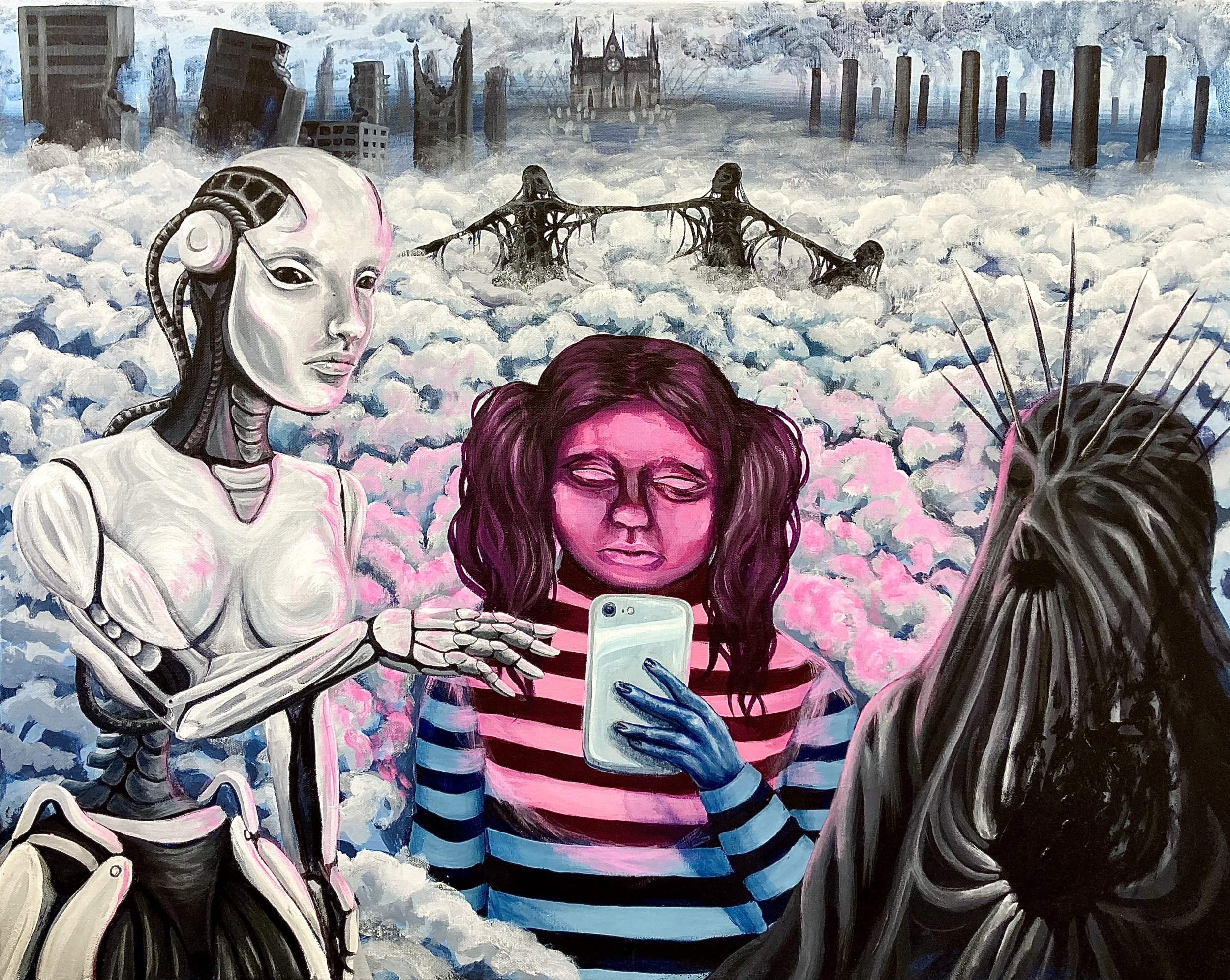 A detailed painting of a futuristic cityscape with tall buildings and a Gothic-style cathedral in the background, a robot woman with a metallic arm and a person with purple hair taking a selfie in the foreground, and a dark-haired woman with spikes o