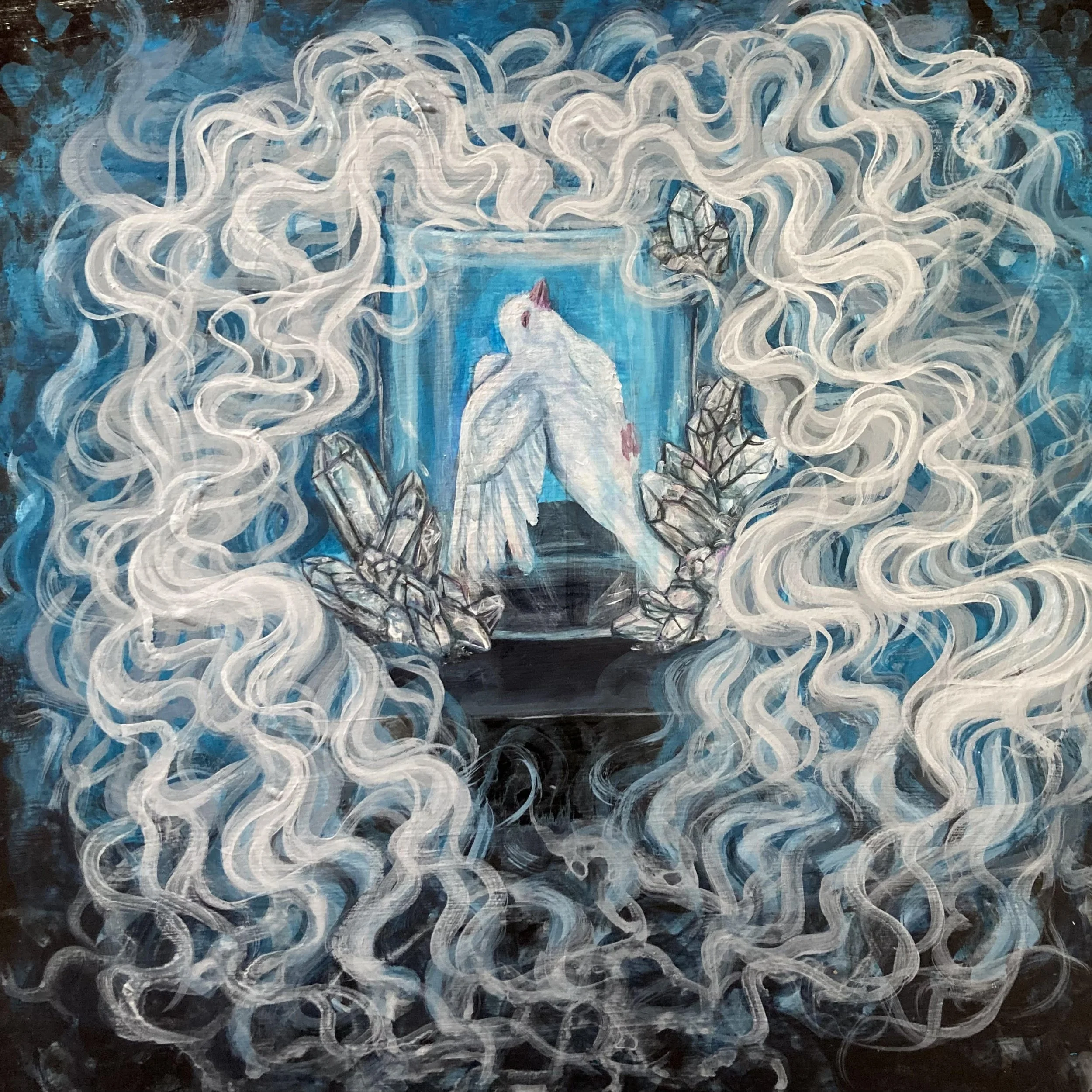 A painting with a dark background featuring swirling white clouds or smoke, a small white bird in the center encased in ice. Geometric shapes resembling crystals along the bottom.