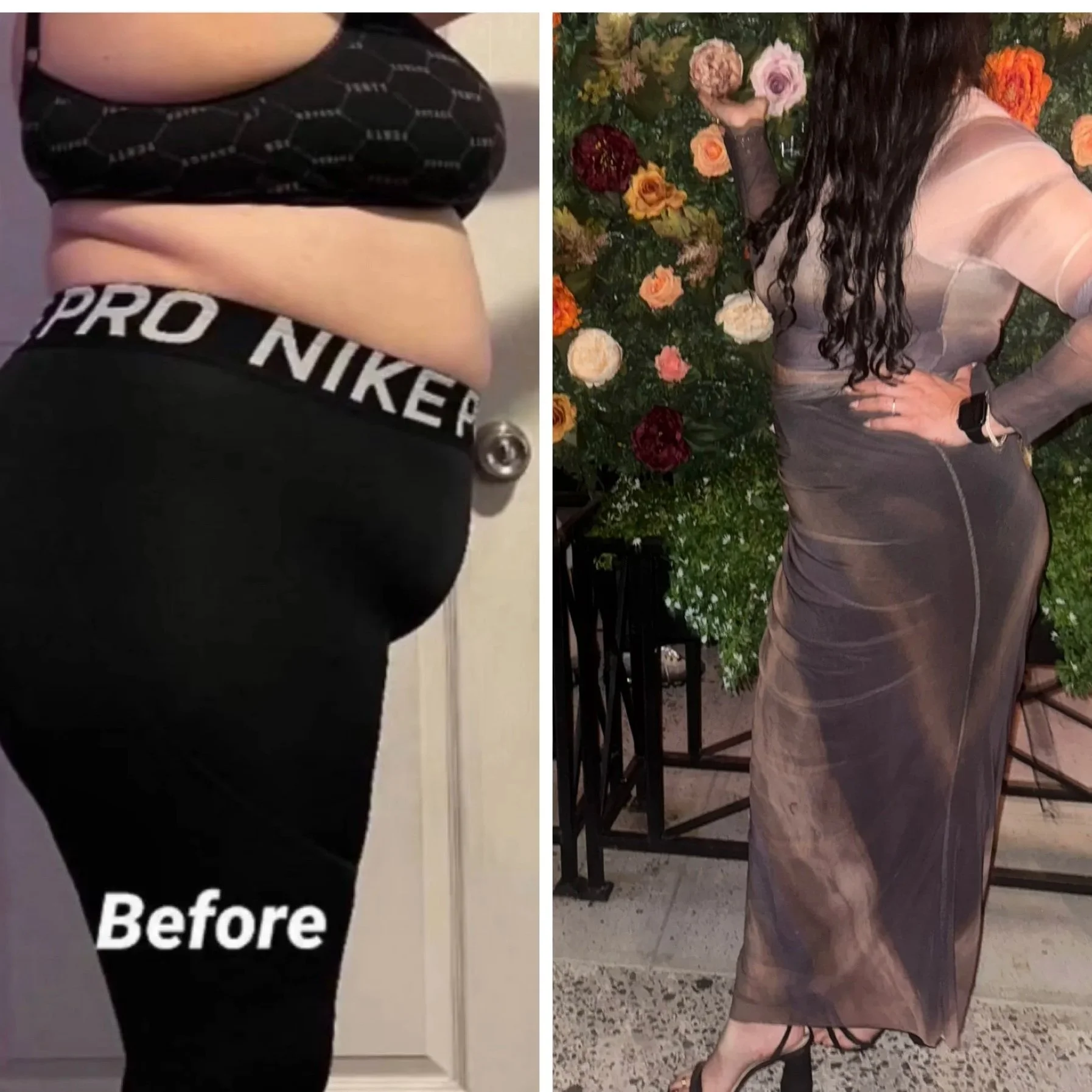 Before and after comparison of a woman's body, showcasing a weight loss transformation. The left side shows a woman with a larger body wearing a black sports bra and black leggings with 'NIKE PRO' waistband. The right side shows the same woman with a slimmer figure, wearing a sheer, long-sleeved dress, standing in front of a floral display with colorful flowers.