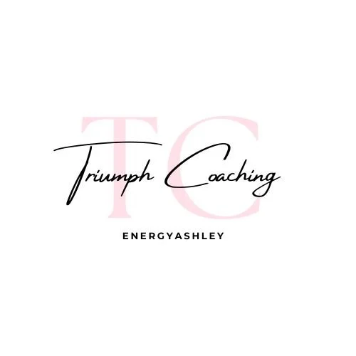 Logo for Triumph Coaching with the initials TC, featuring pink letters and black cursive text, and the name EnergyAshley below.