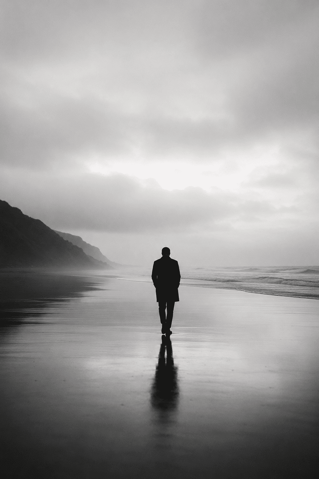 A person walking alone on a beach with overcast skies, mountains in the distance, and their reflection in the wet sand.