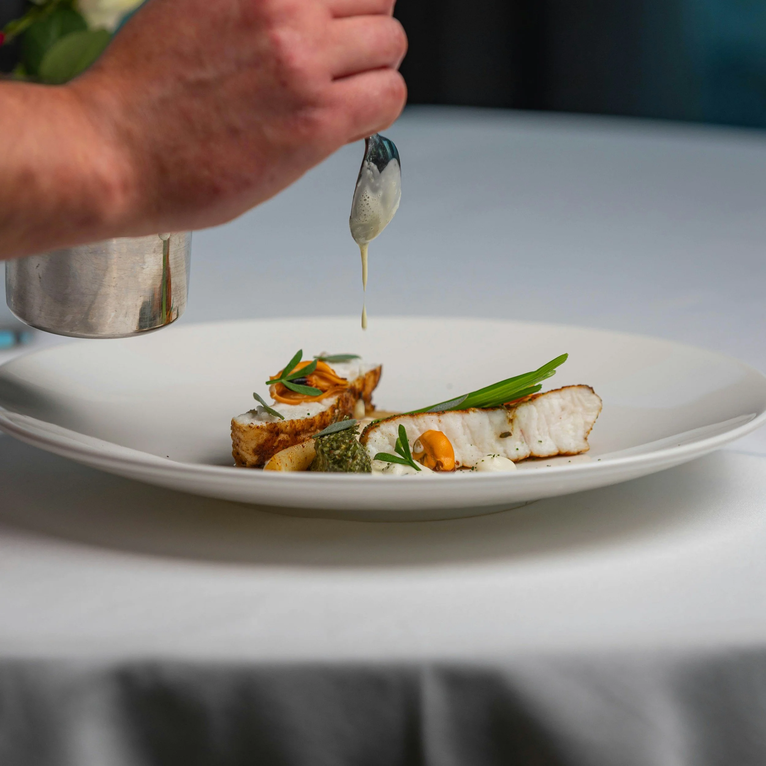 Close-up of a hand squeezing a tube of white sauce over a plated dish, garnished with herbs and vegetables.