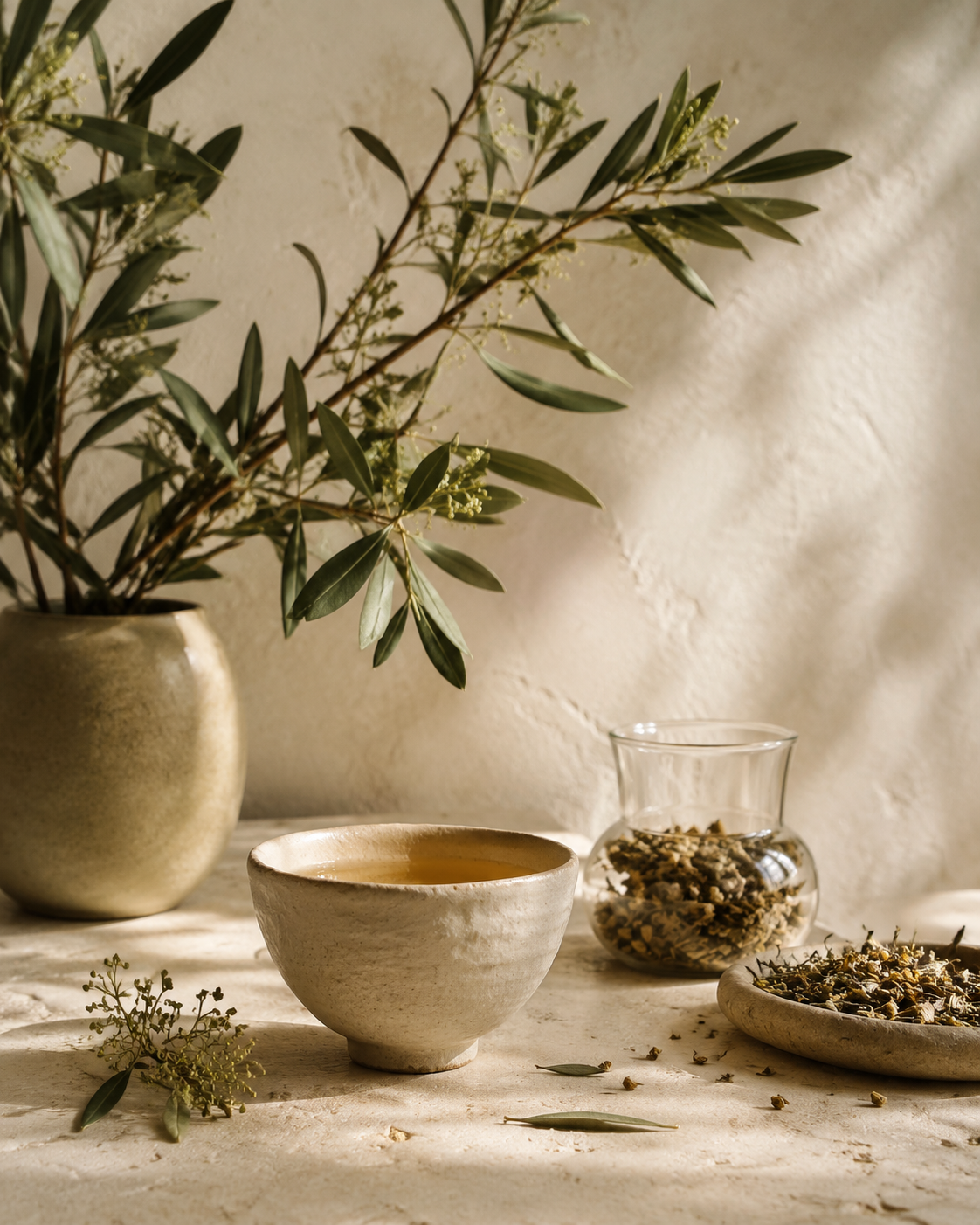 A beige ceramic vase with green leafy branches, a ceramic bowl with liquid, a glass container with dried flowers, and a plate with loose dried herbs or flowers on a neutral surface with a textured wall background.