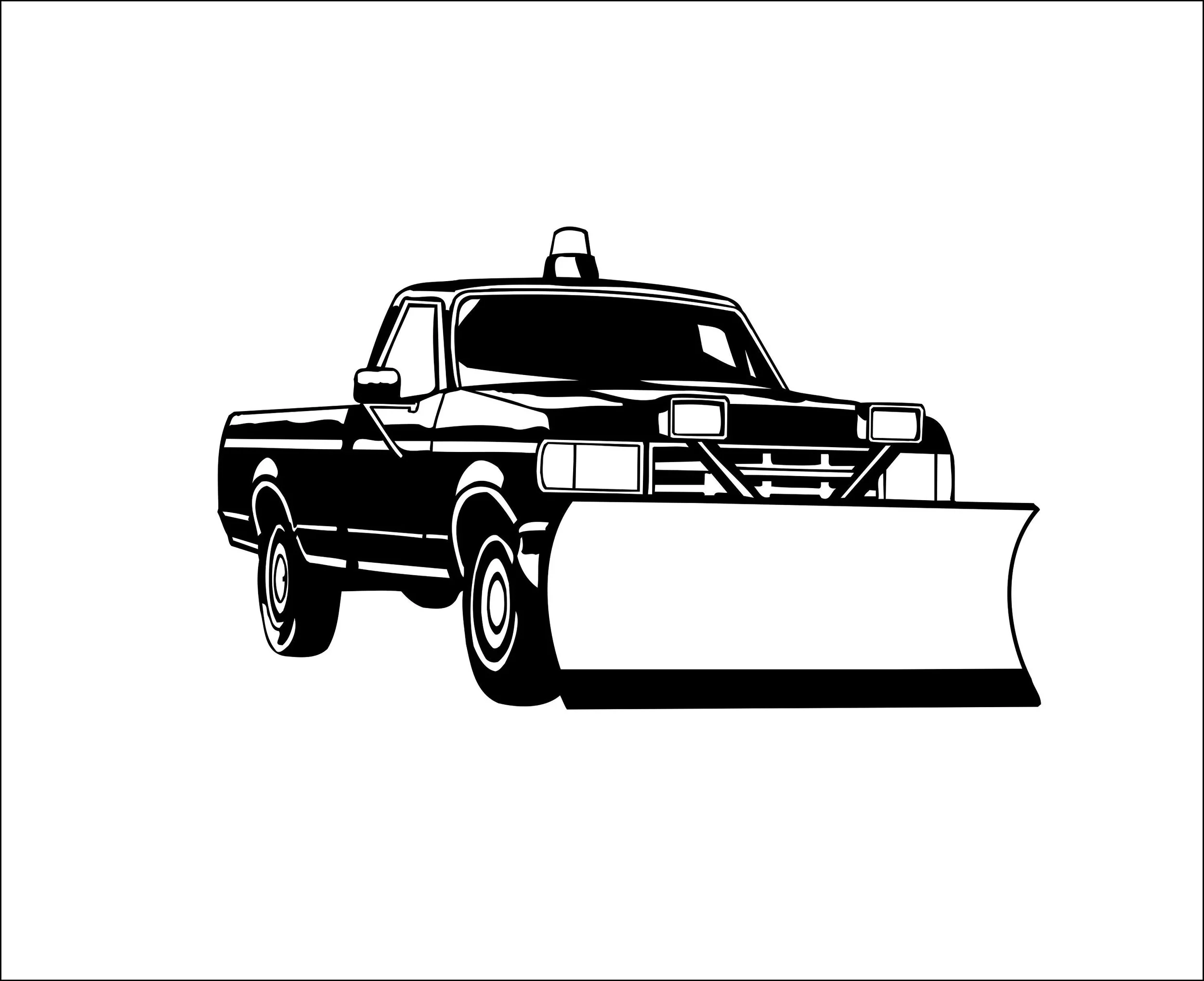 Black and white illustration of a snowplow truck facing forward with its plow raised.