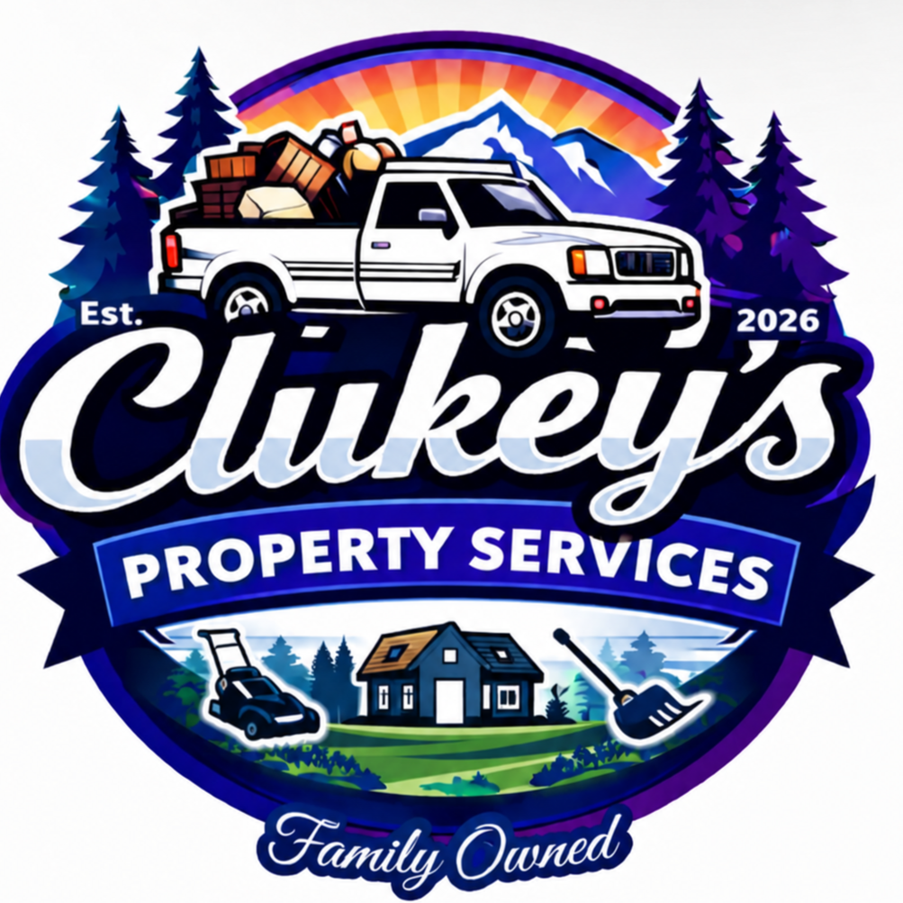 A logo for Clikey's Property Services featuring a mountain landscape, trees, a rainbow, and a pickup truck carrying supplies. It includes text indicating the establishment year 2026 and that the business is family owned.