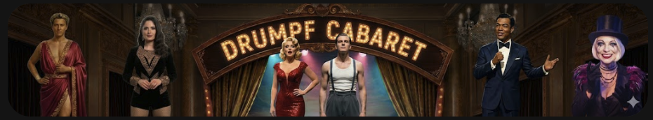 The Never Drumpf Cabaret show, with cast in Trump Ballroom stage setting.