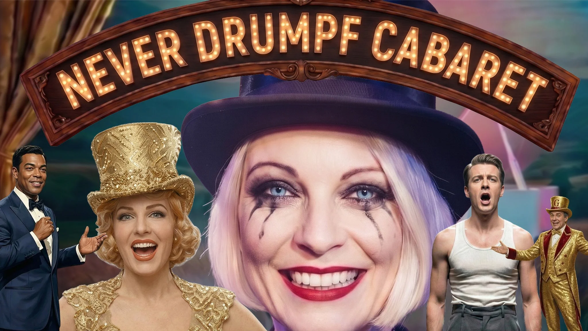 'The Never Drumpf Cabaret' — ensemble cast of performers on stage in the Trump Ballroom.