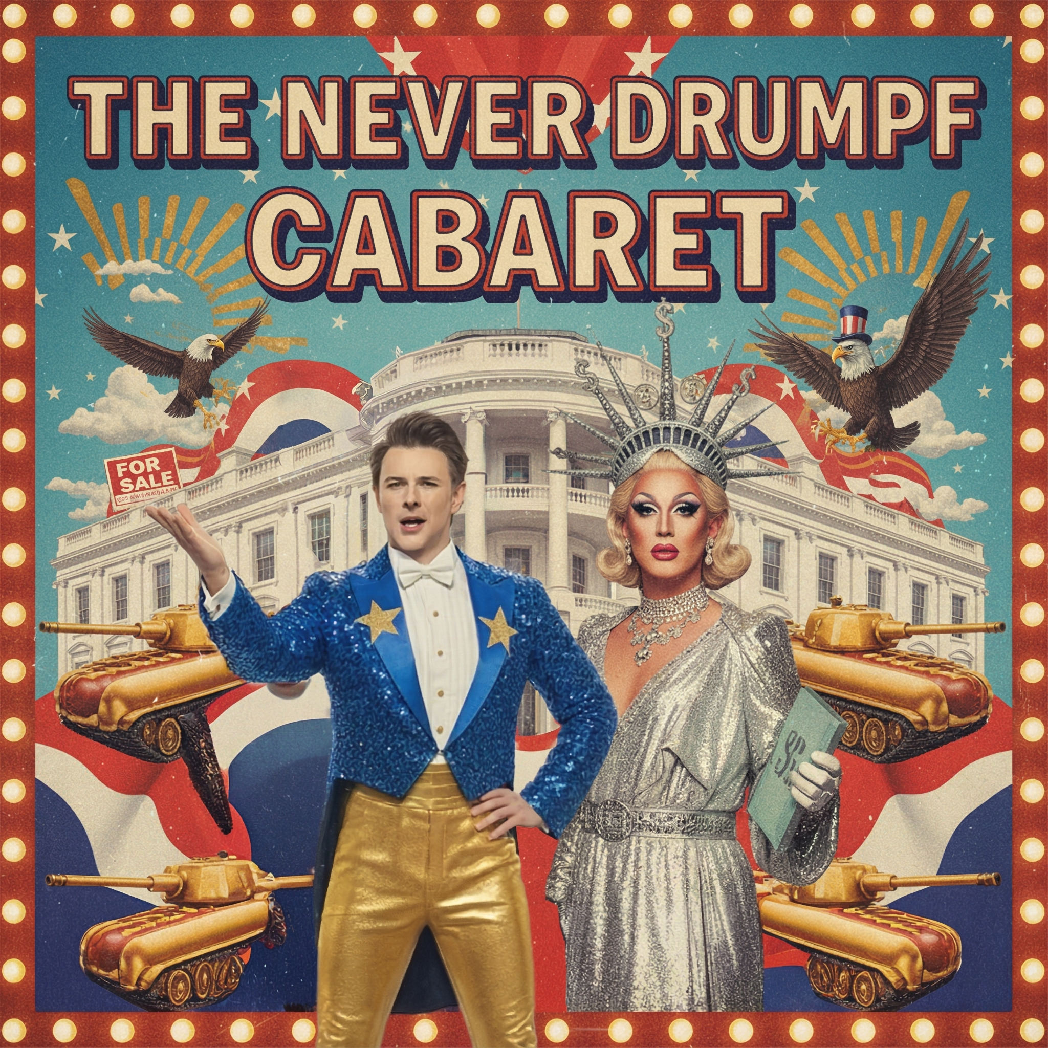 "The Never Drumpf Cabaret" poster and album cover featuring ensemble cast with American imagery in the background.