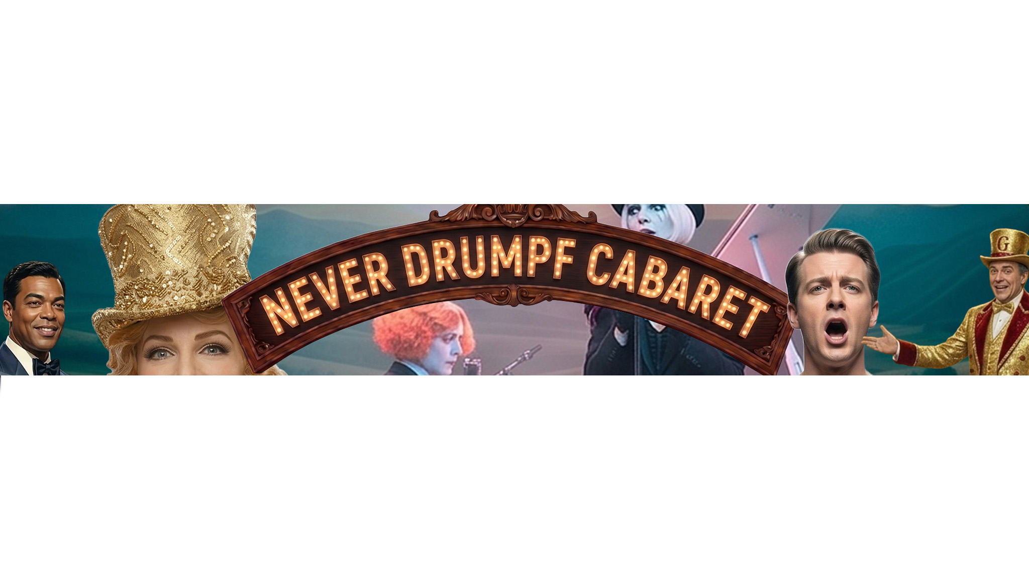 'Never Drumpf Cabaret' banner featuring characters dressed in colorful costumes.