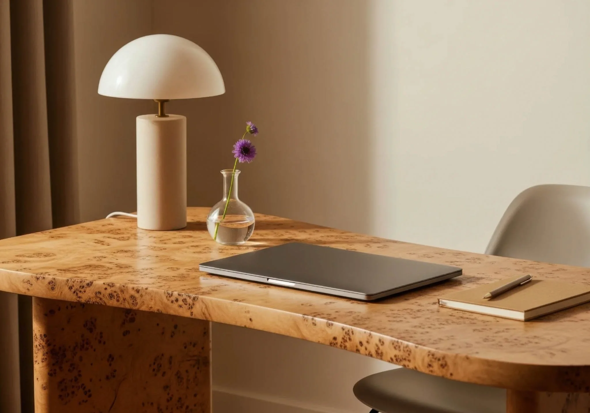 A wooden table with a closed laptop, a white notebook, and a pen. On the table, there is a small glass vase with a purple flower. In the background, a white table lamp and a beige wall are visible.