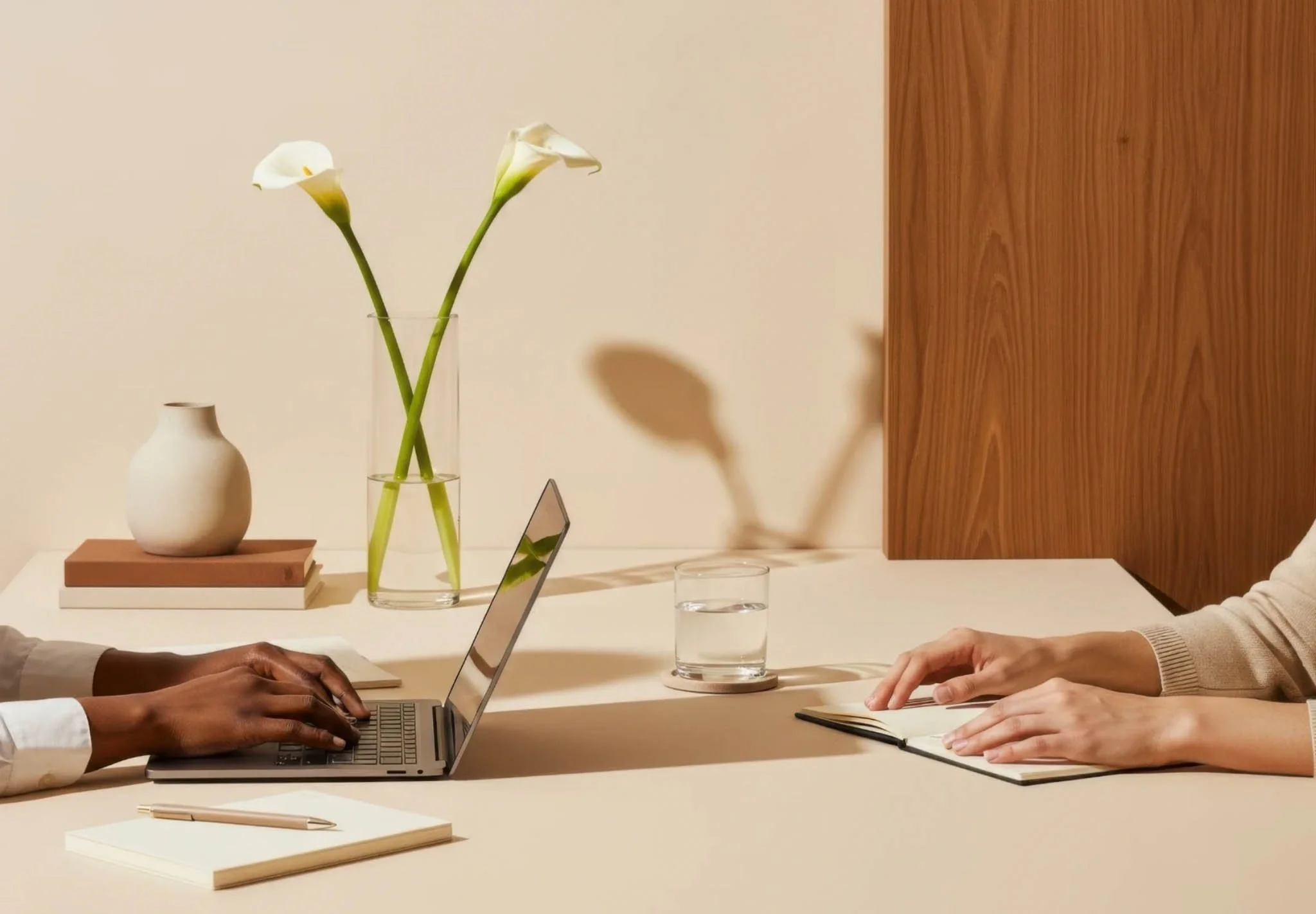 Two people sitting at a white table with laptops, notebooks, glasses of water, and a white vase with white calla lilies in a glass vase.