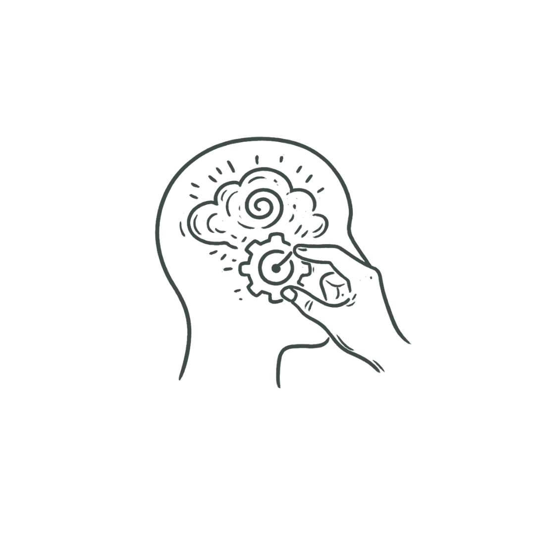 Outline drawing of a human head with a cloud and a gear inside the brain area, and a hand touching the gear, representing thinking or mental processes.