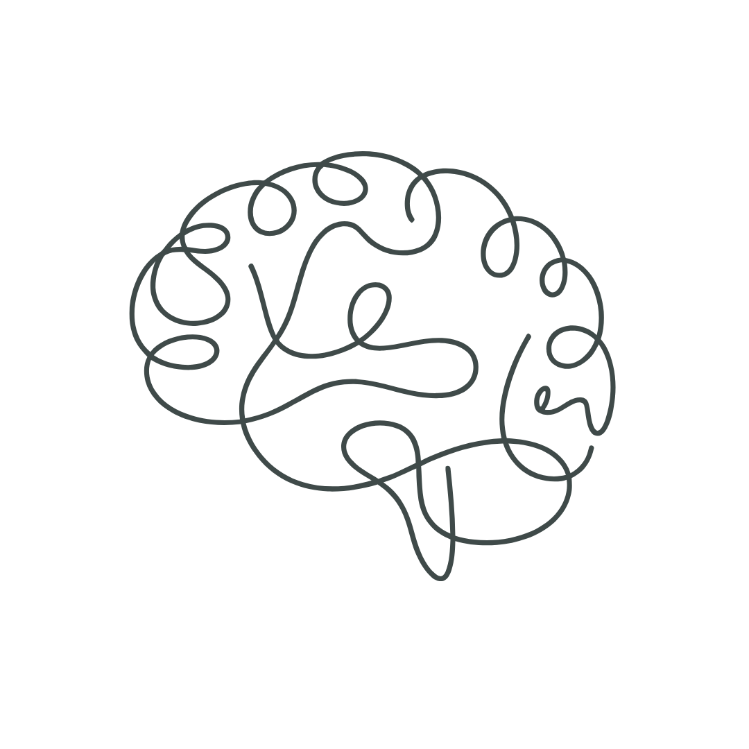 A line drawing of a human brain with interconnected lines forming a scribble pattern on a black background.
