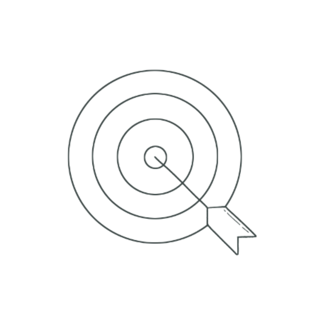 Outline of a target with concentric circles and an arrow hitting the bullseye.