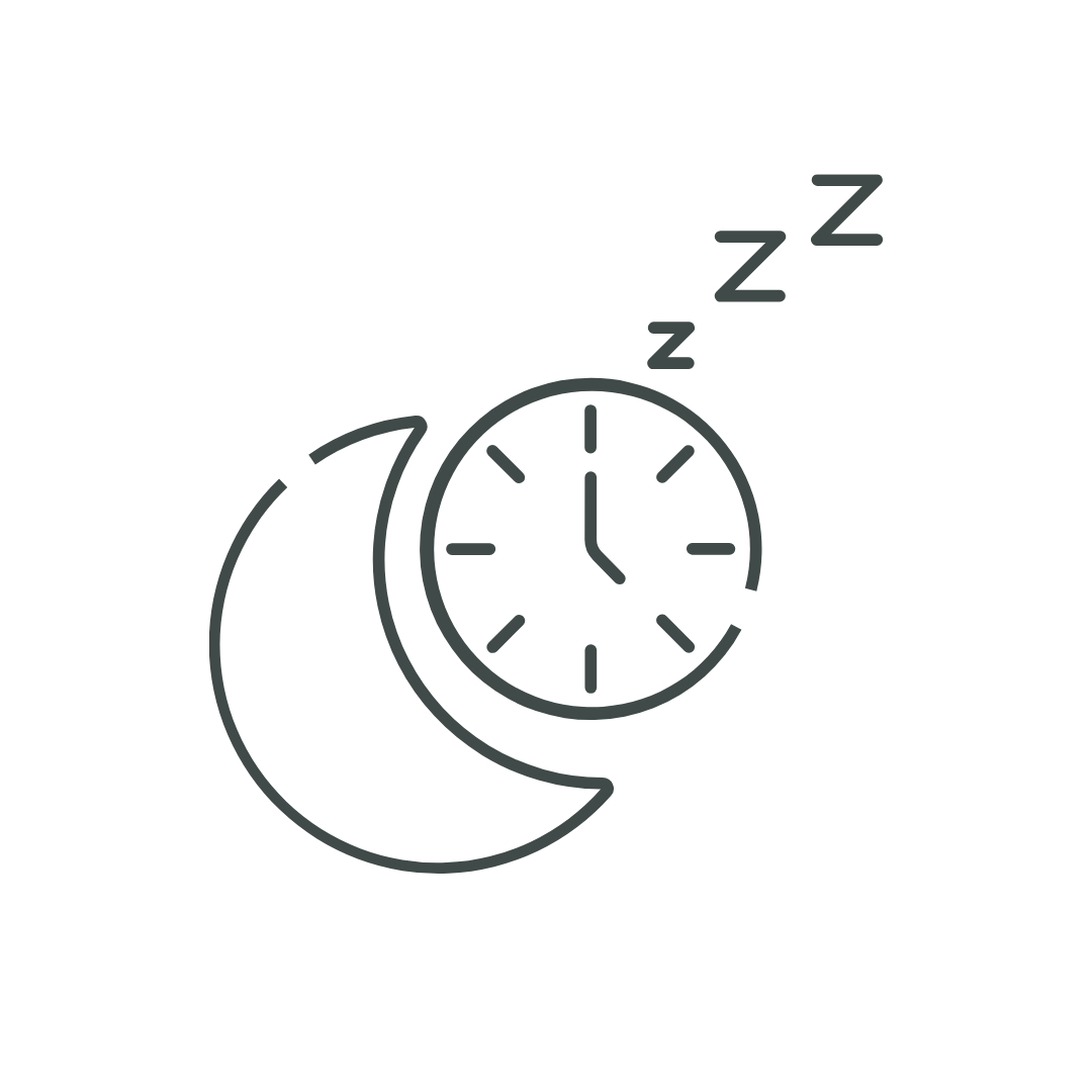 A minimalist line drawing of a sleeping moon with a clock showing 12:00, and 'Zzz' symbols indicating sleep.