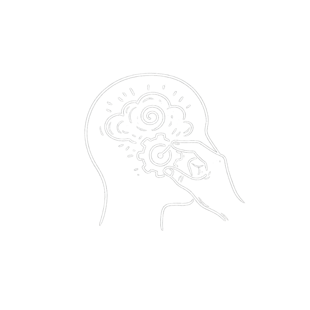 Line drawing of a human head with a cloud and spiral representing the mind, and a hand turning a gear inside the head, symbolizing thinking and mental processes.