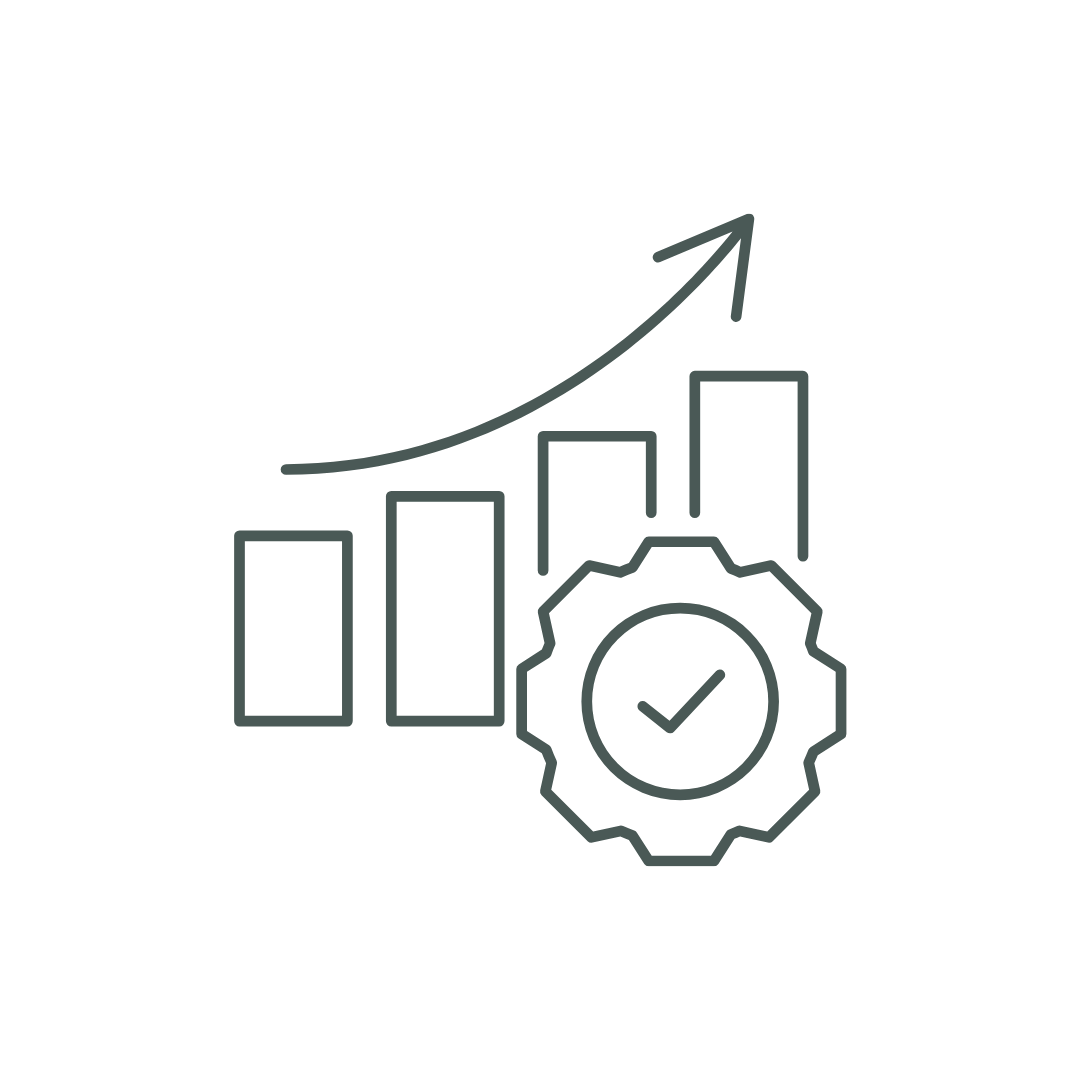 Line graph showing upward trend with a gear icon and a checkmark, indicating successful growth or progress.