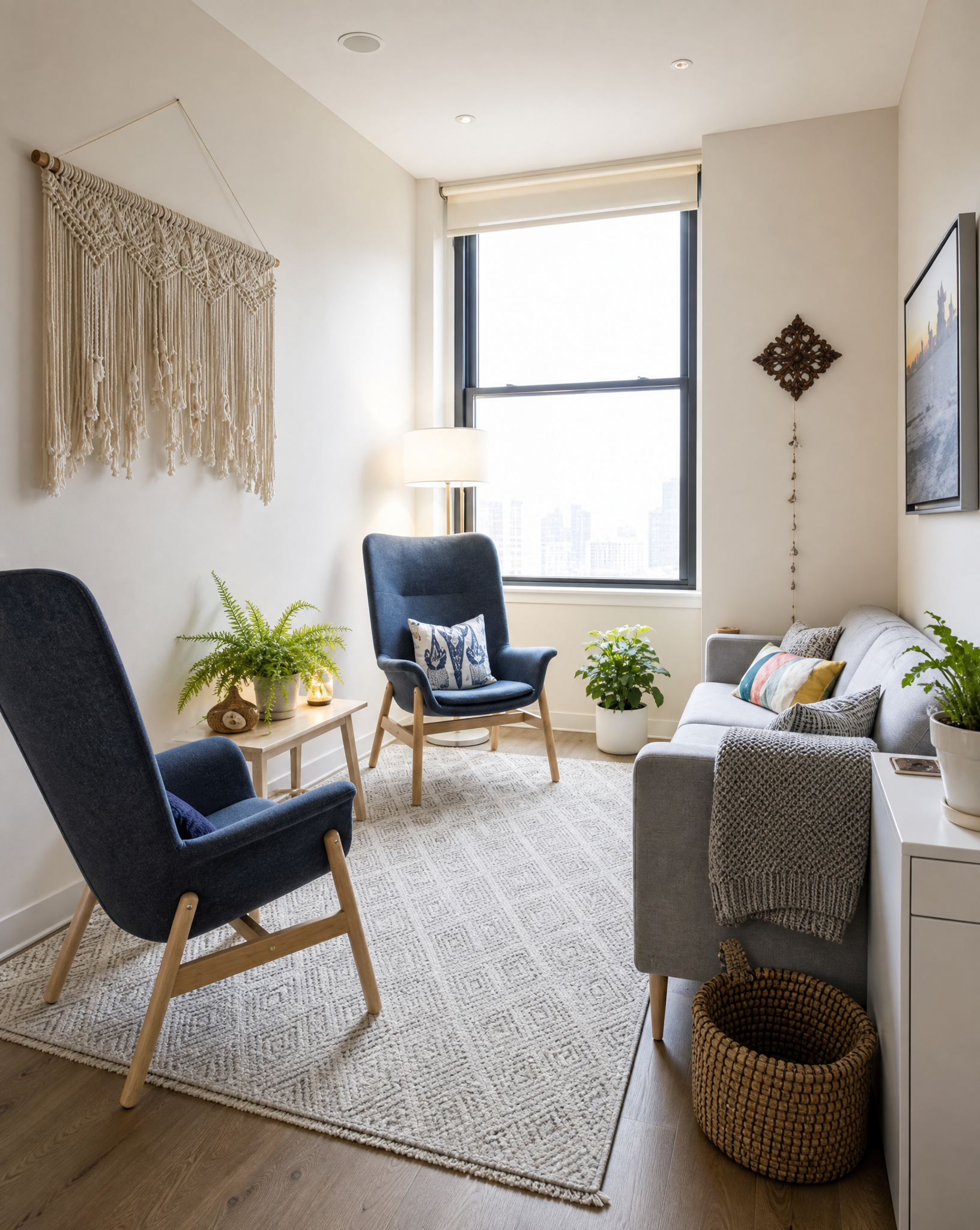 A cozy living room with a large window, a black armchair with a patterned pillow, a light gray sofa with multiple pillows, a white side table with potted plants, a beige rug, and decorative wall hangings.