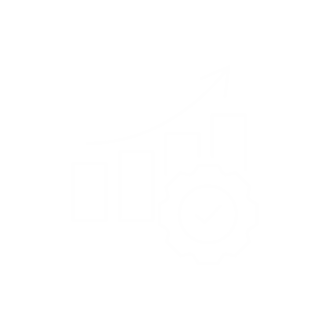 A black background with white line graphics illustrating growth, including a bar chart, an upward arrow, and a gear with a checkmark inside.