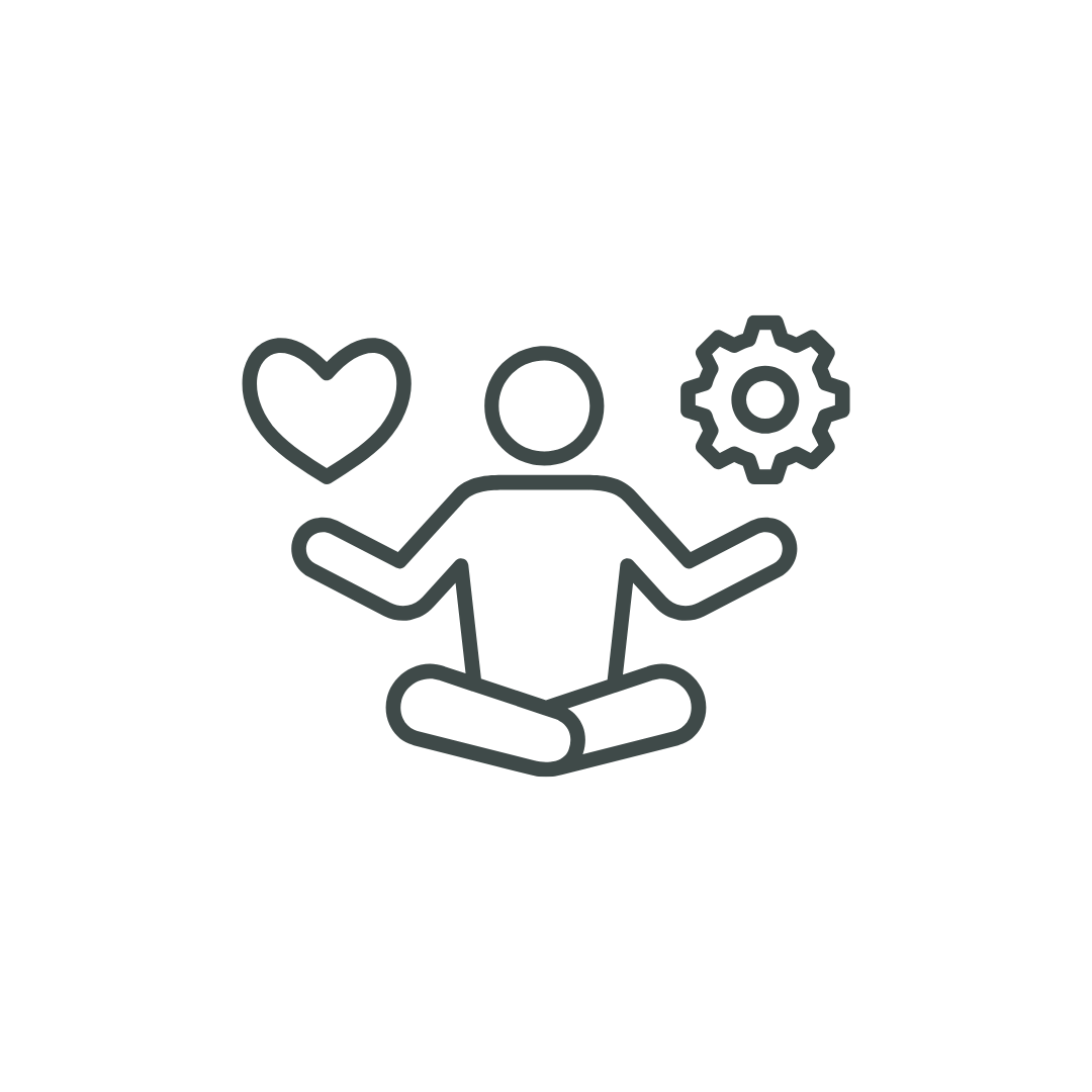 Outline doodle of a person sitting cross-legged with a heart and gear icons above their hands.
