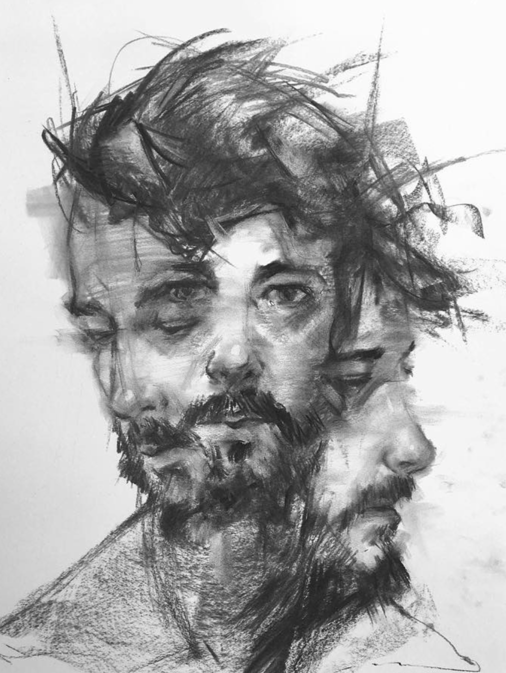 Black and white sketch of a man's face, emphasizing multiple overlapping perspectives and expressions, with disheveled hair and a beard.