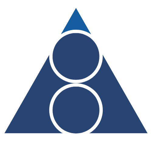 Graphic of a blue triangle with two white outlined circles inside and a white curved line near the top of the triangle.