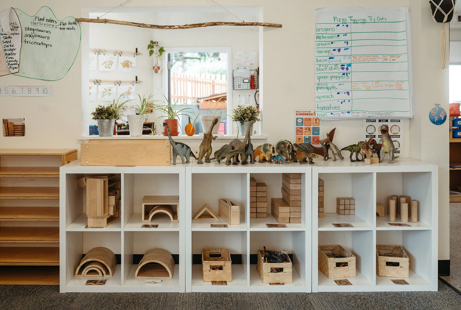 Classroom display with dinosaur toys on a white shelving unit, potted plants in the background, and educational posters on the wall.