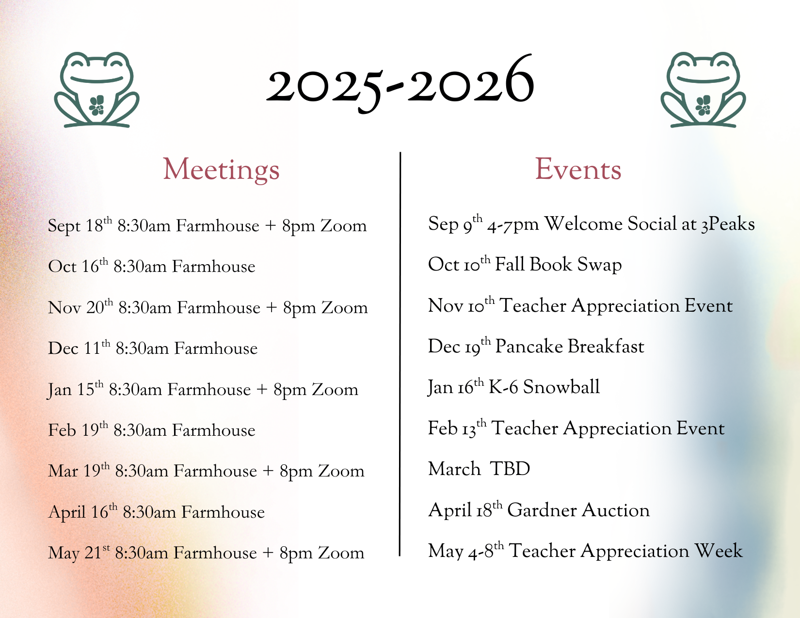 Schedule for 2025-2026 including meetings and events with dates, times, and locations.