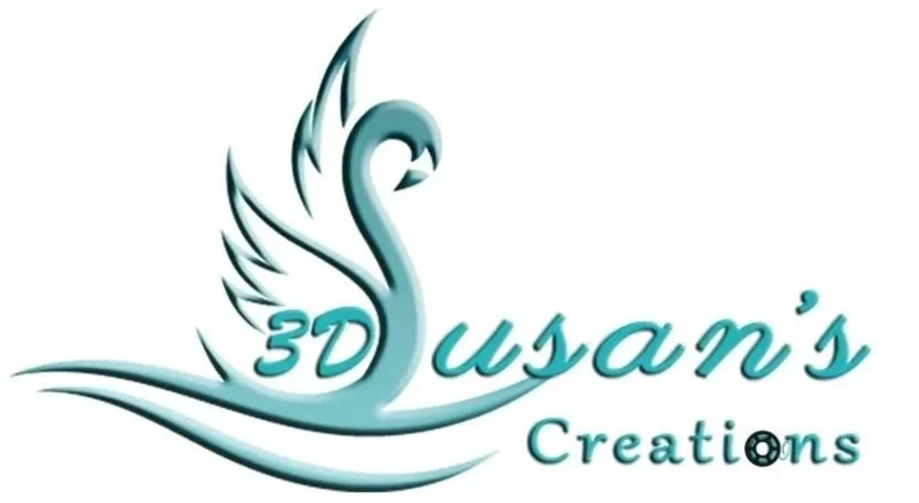 A logo for Susan's Creations featuring a stylized swan with wings, with the text '3D Susan's Creations' in teal.