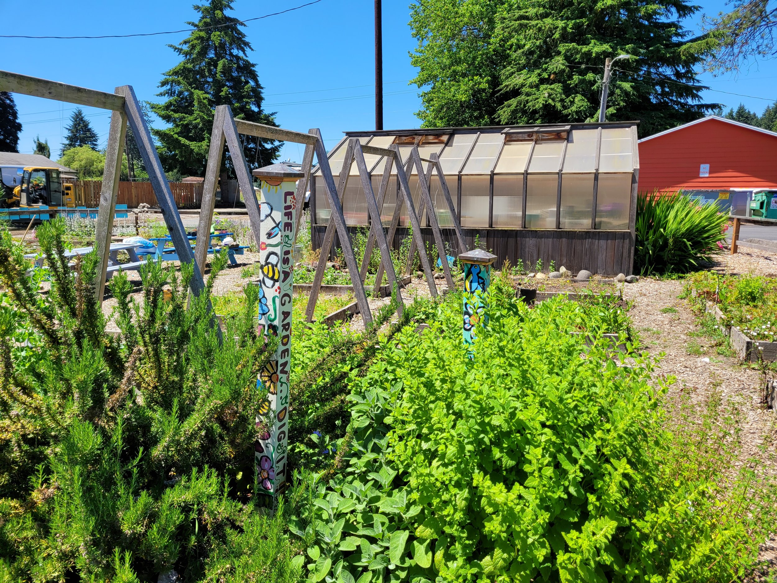 A garden with various green plants, a wooden swing set, and a greenhouse with a translucent roof. There are painted wooden stakes with colorful designs and words, a small sun decoration, and a bright red building in the background. Tall trees and power lines are also visible against a clear blue sky.