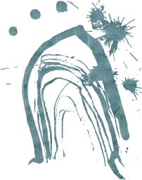 Abstract blue ink splashes and brush strokes on a dark background.