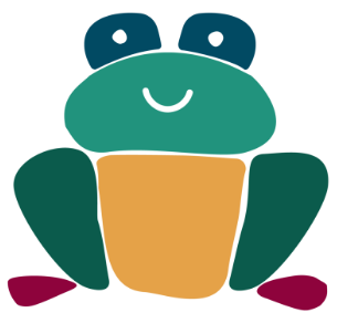 A cartoon frog with blue eyes, green body, sitting on purple hind legs, with a yellow belly and a small smile.